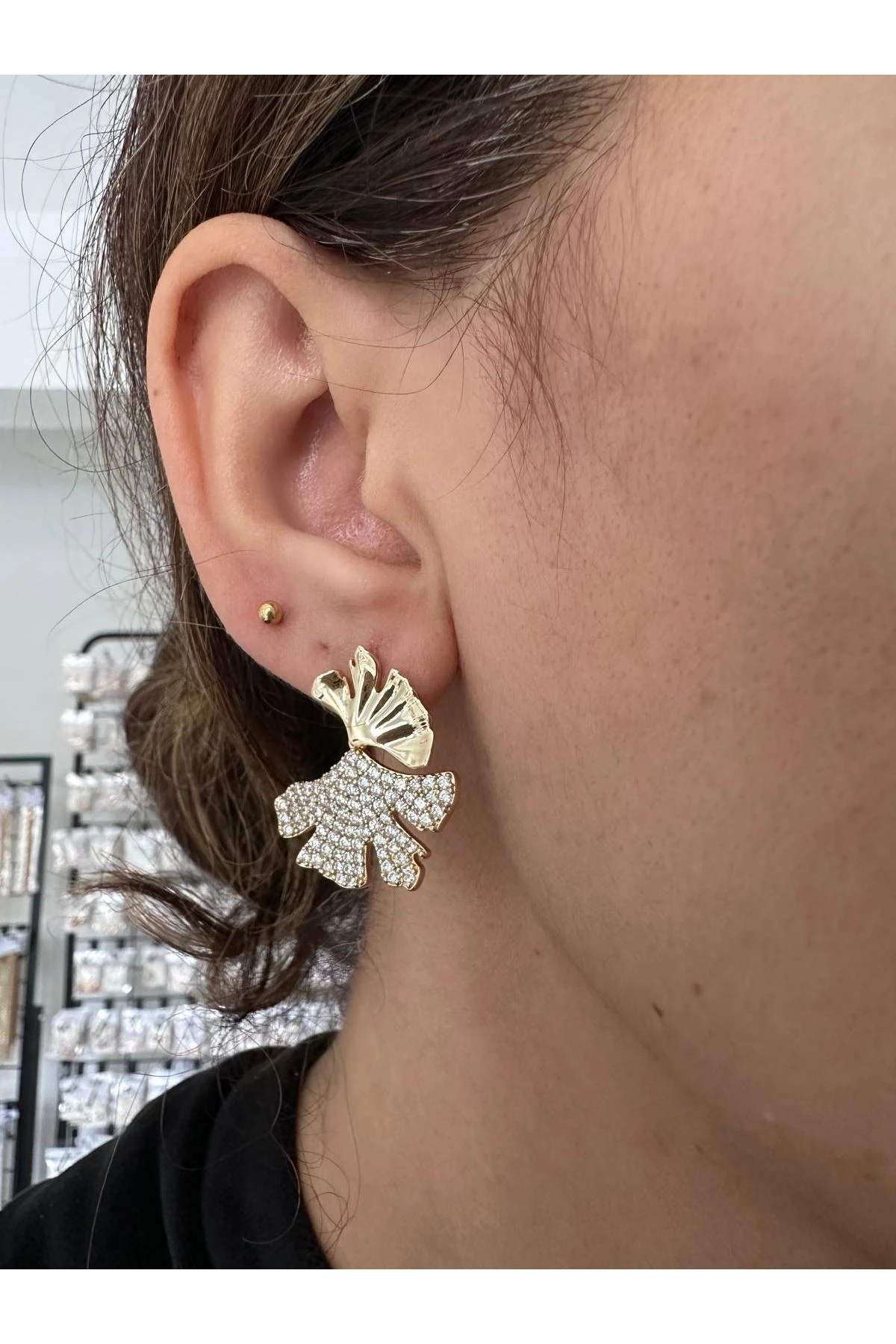 14K Gold Renkli  Yaprak İkili Taşlı Küpe