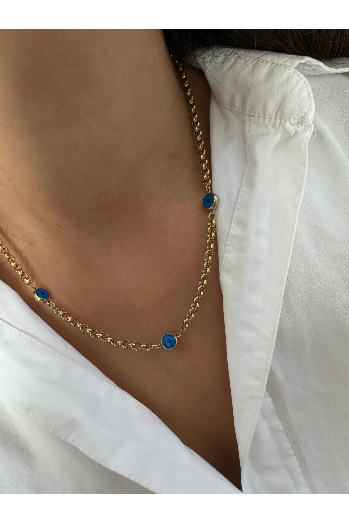 14K Gold Renkli  Orta Kalın Nazarlı Kolye