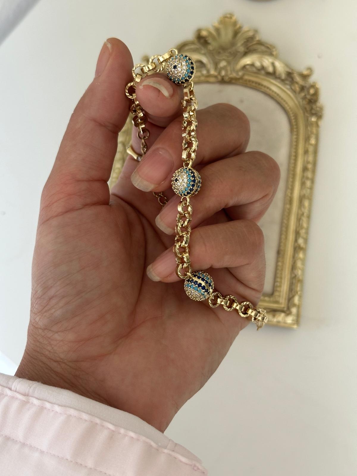 14K Gold Renkli Üç Topçuklu Nazar Boncuklu Bileklik