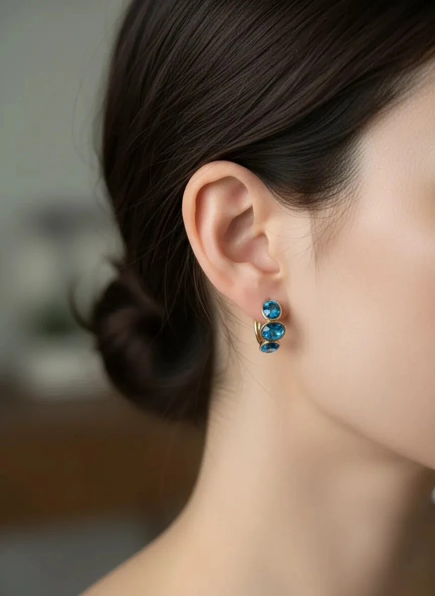 14K Gold Renkli Swaroski Mavi Üç Taşlı Küpe