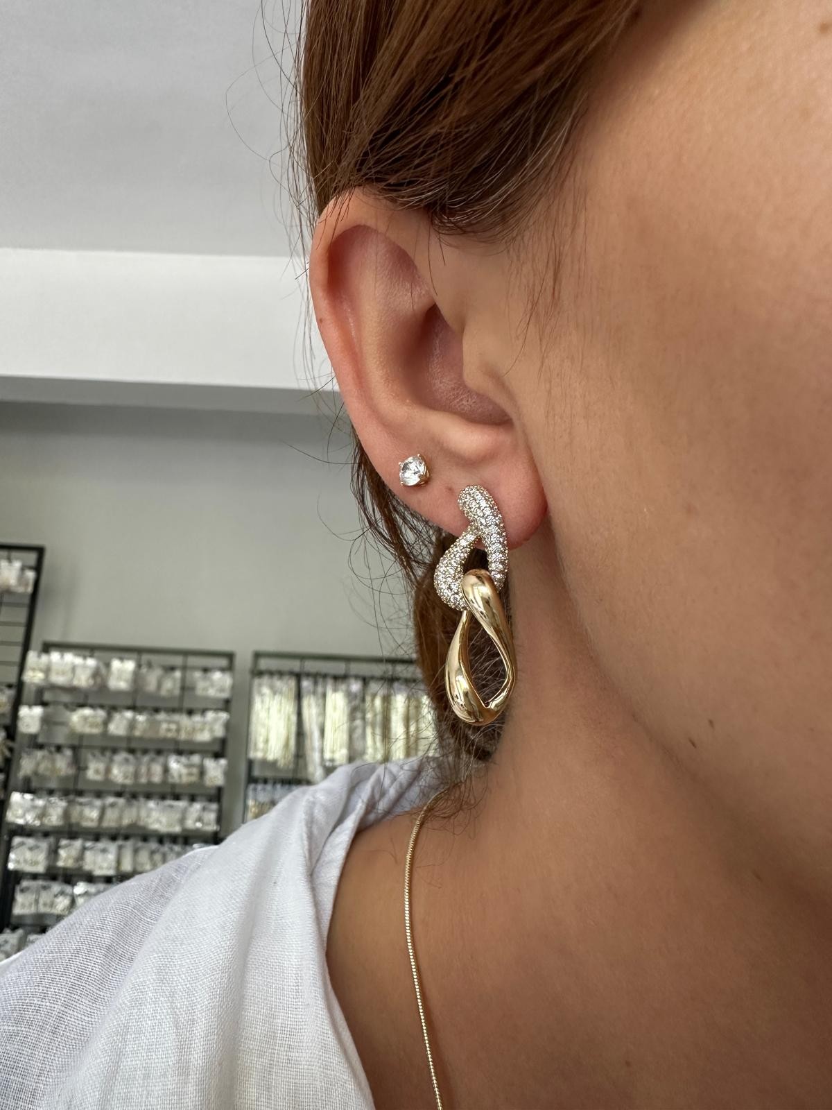 14K Gold Renkli Dolama Zincir Taşlı Kuyum Model Küpe