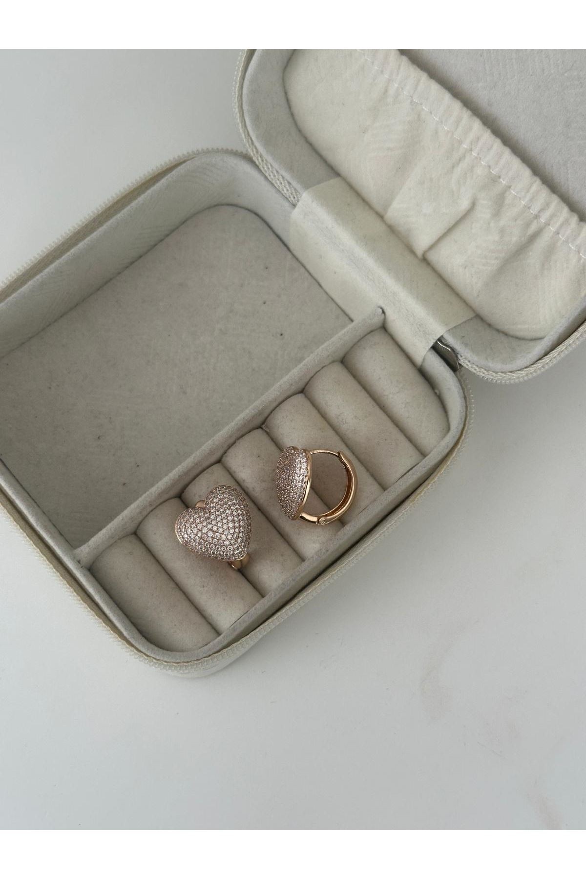 18K Rose Gold Renkli Kalp Halka Montür Taşlı Dolum Küpe