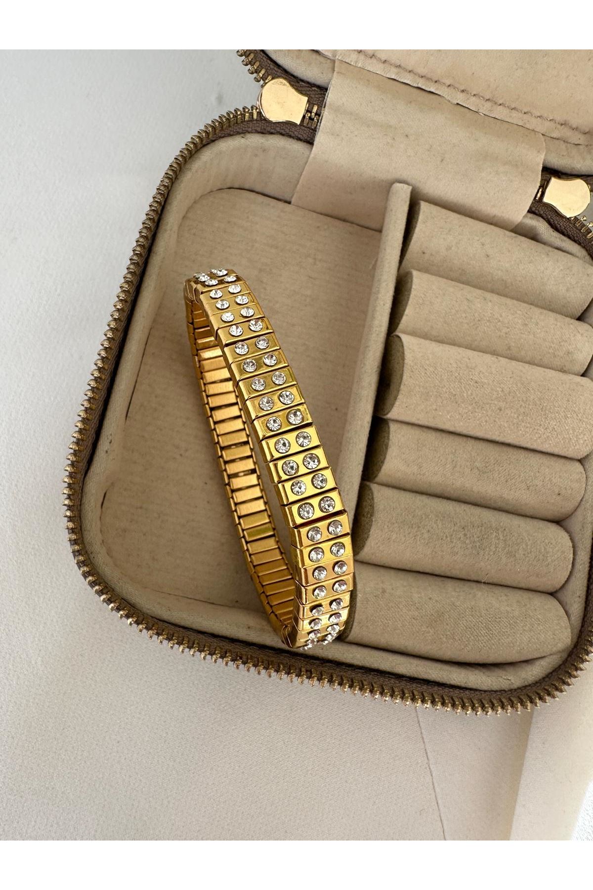 18K Rose Gold Renkli Orta Kalın İki Taşlı Raylı Bileklik