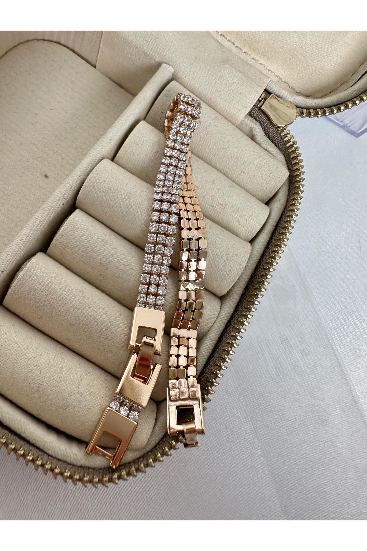 18K Rose Gold Renkli Üç Sıra Taşlı Su Yolu Bileklik