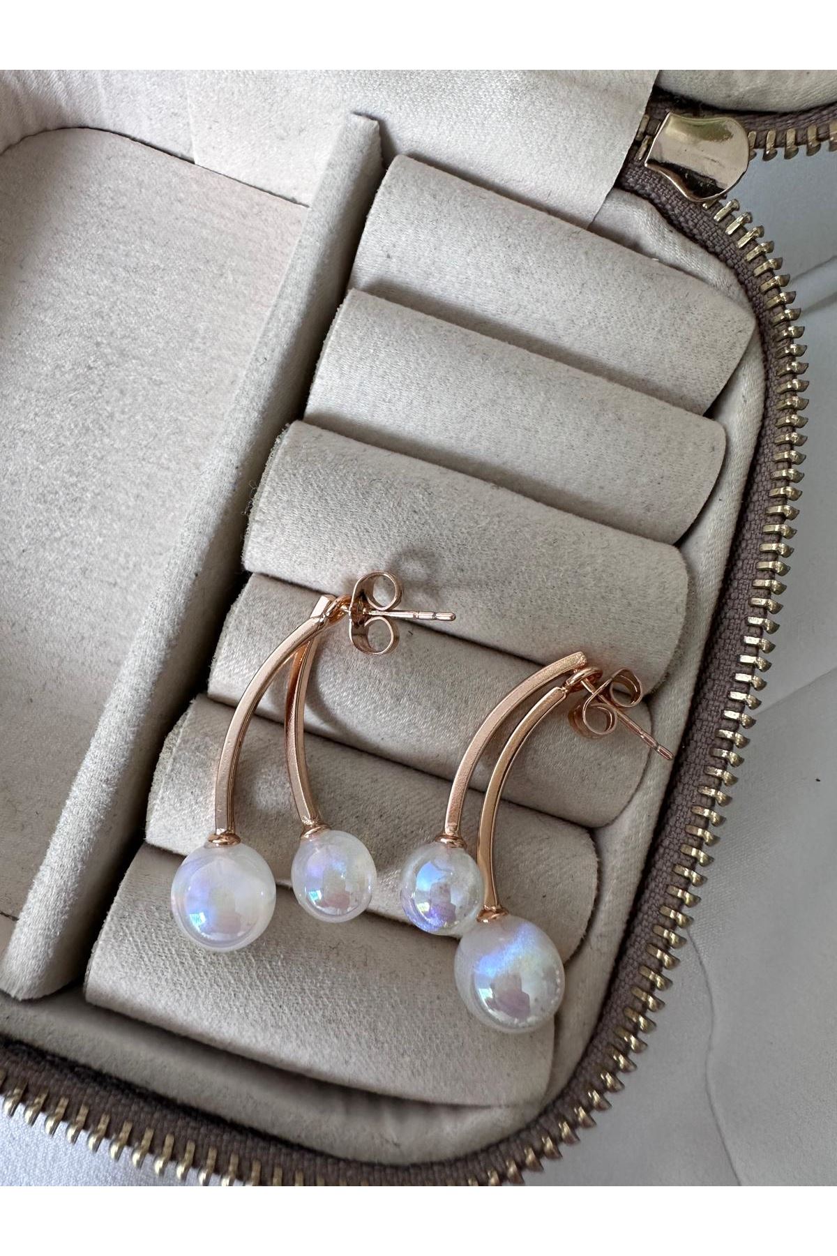 18K Rose Gold Renkli İnci Topçuk Kiraz Form Küpe