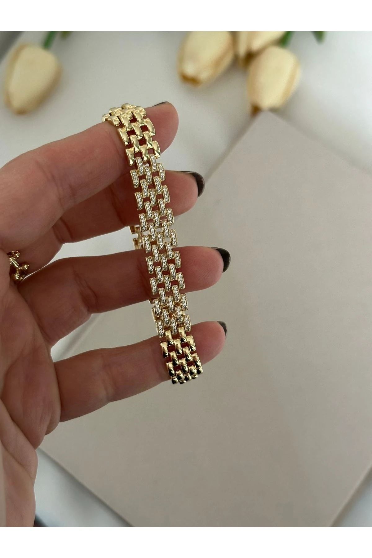 14K Gold Renkli  Döküm Premium Seri Ortası Taşlı Bileklik
