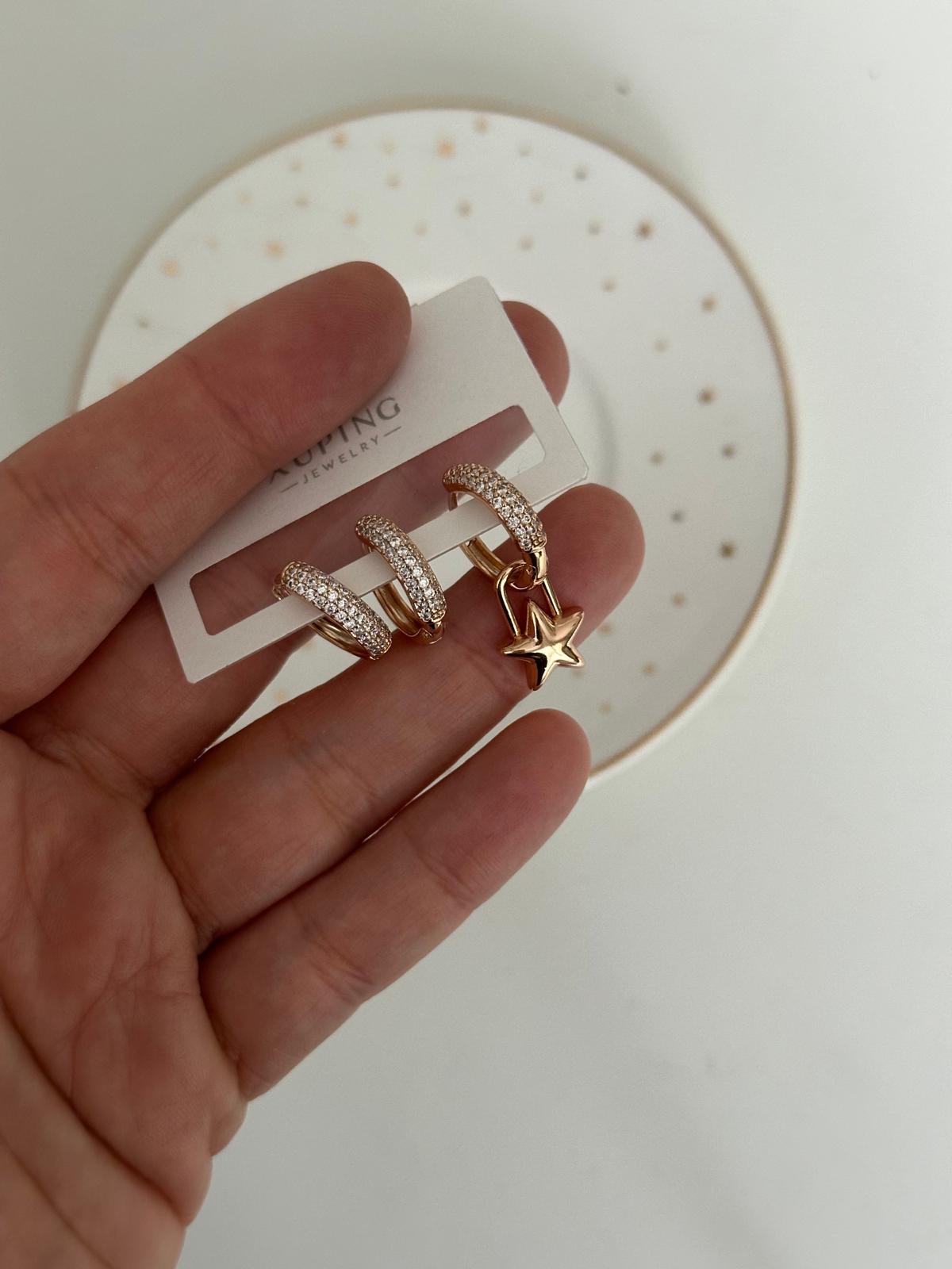 18K Rose Gold Üçlü Montür Taşlı Yıldız Figürlü Set Küpe