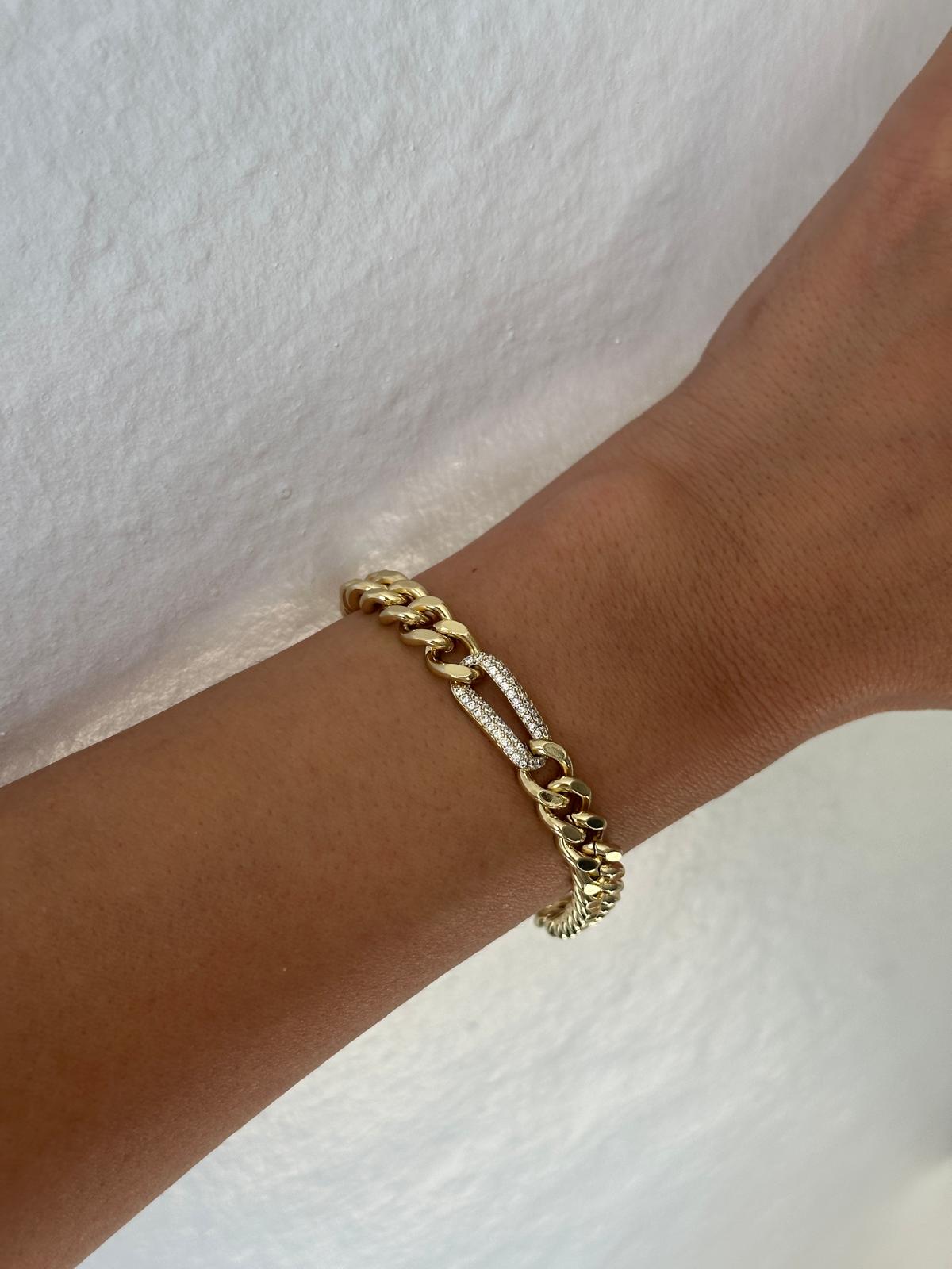 14K Gold Renkli Kuyum Zincir Ortası Oval Taşlı Bilelklik