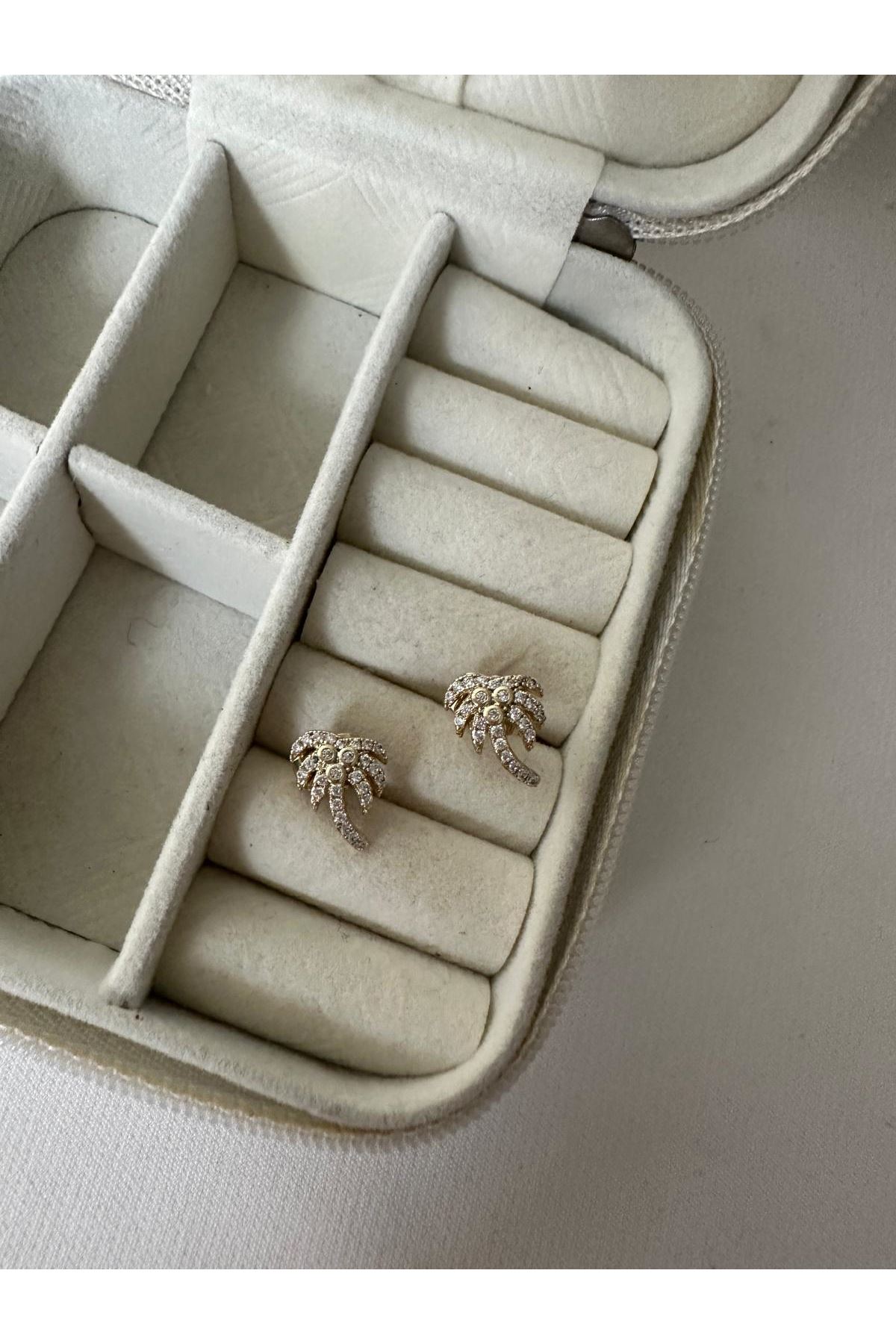 14K Gold Renkli  Palmiye Minimal Taşlı Küpe