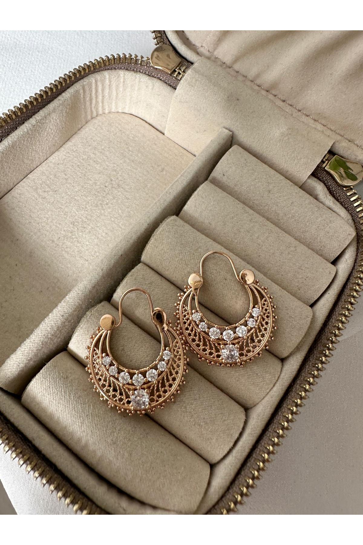 18K Rose Gold Renkli Telgari Taşlı Plaka Küpe