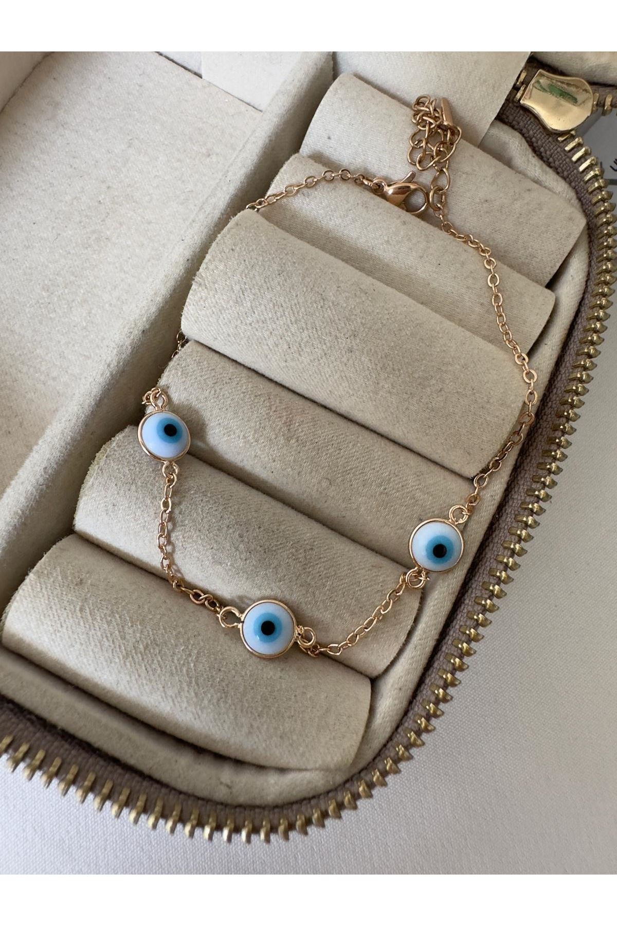 18K Rose Gold Renkli Mavi Nazar Boncuklu Halhal