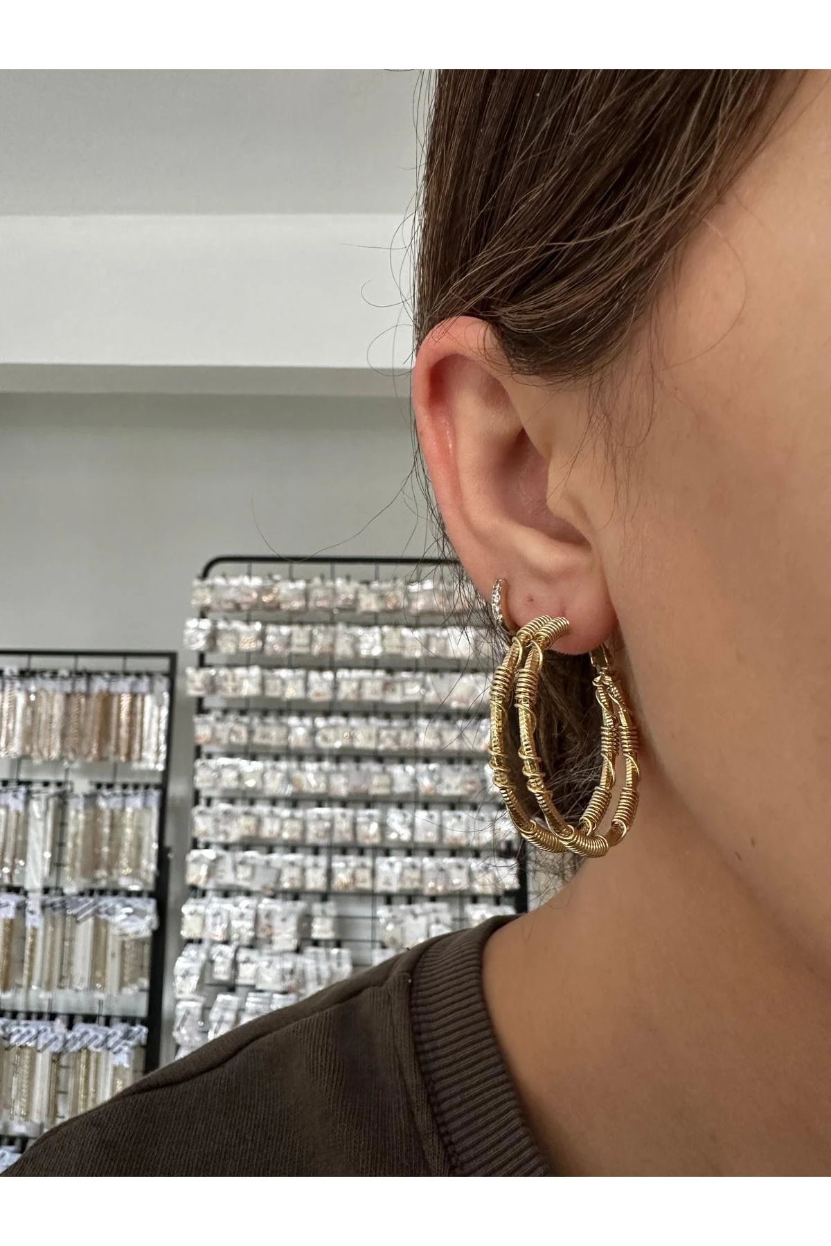 14K Gold Renkli  İkili Tel Kesim Büyük Halka Küpe