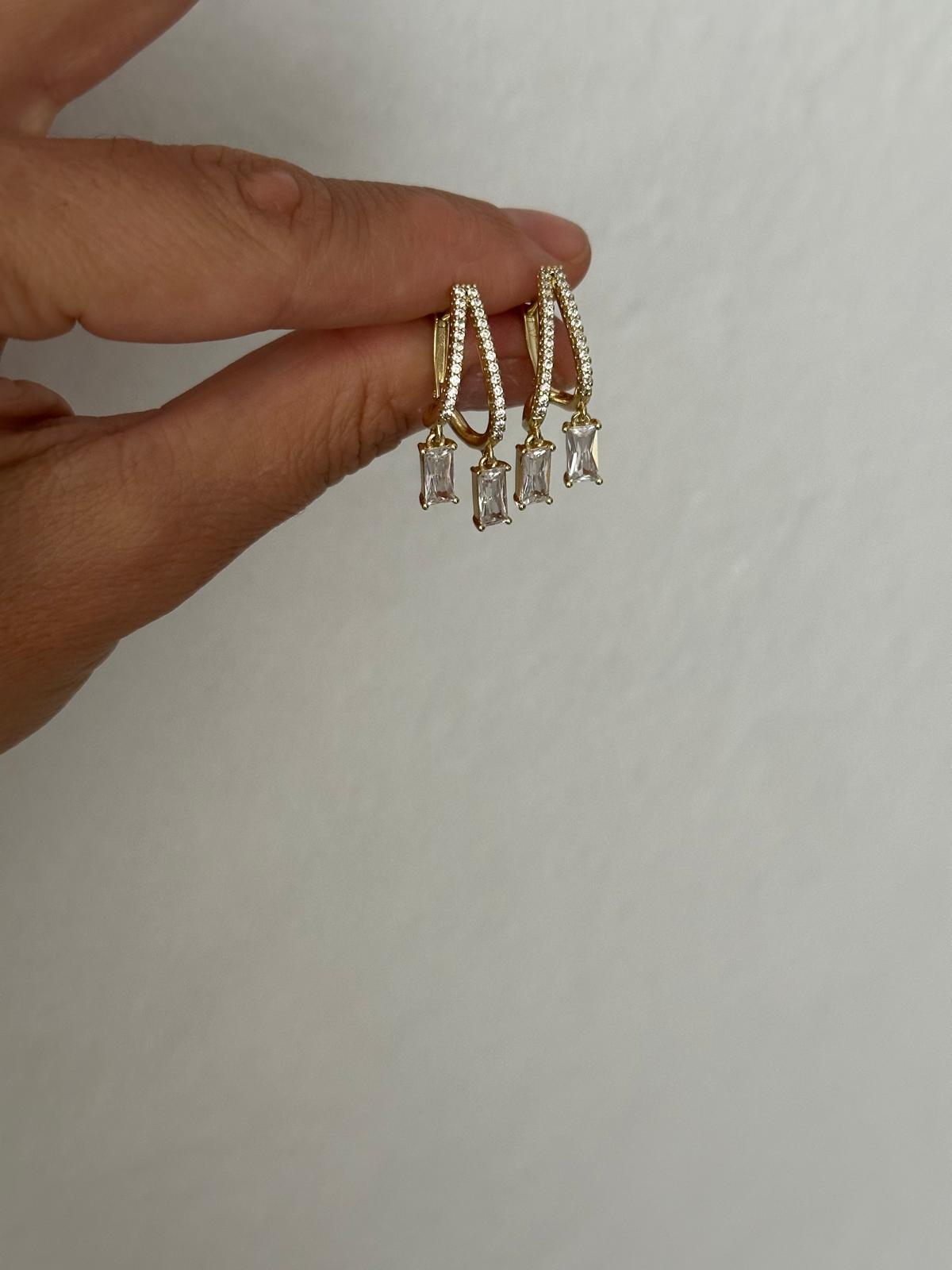 14K Gold Renkli İkili Kristal Taşlı Küpe