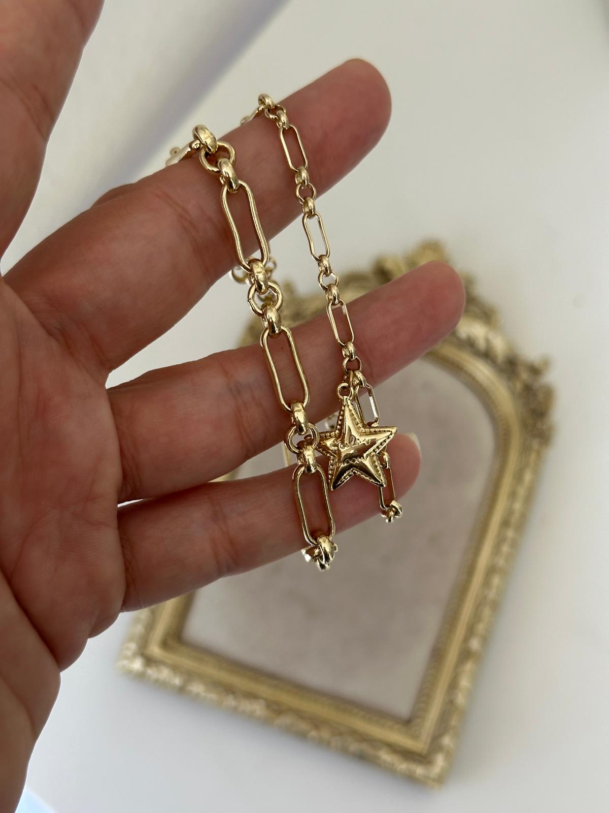 14K Gold Renkli İkili Ataç Zincir Yıldız Charmlı Bileklik