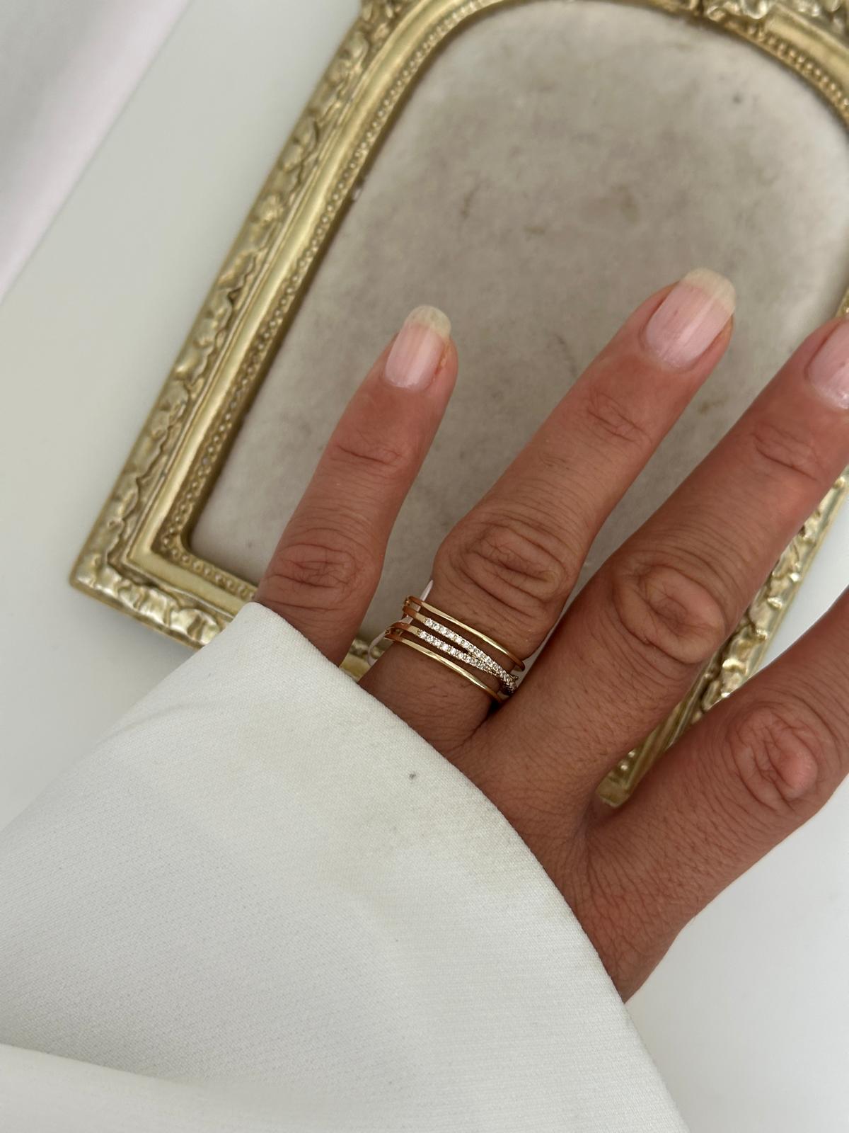 14K Gold Renkli Dörtlü Sarmal Şerit İnce Taşlı Ayarlanabilir Yüzük