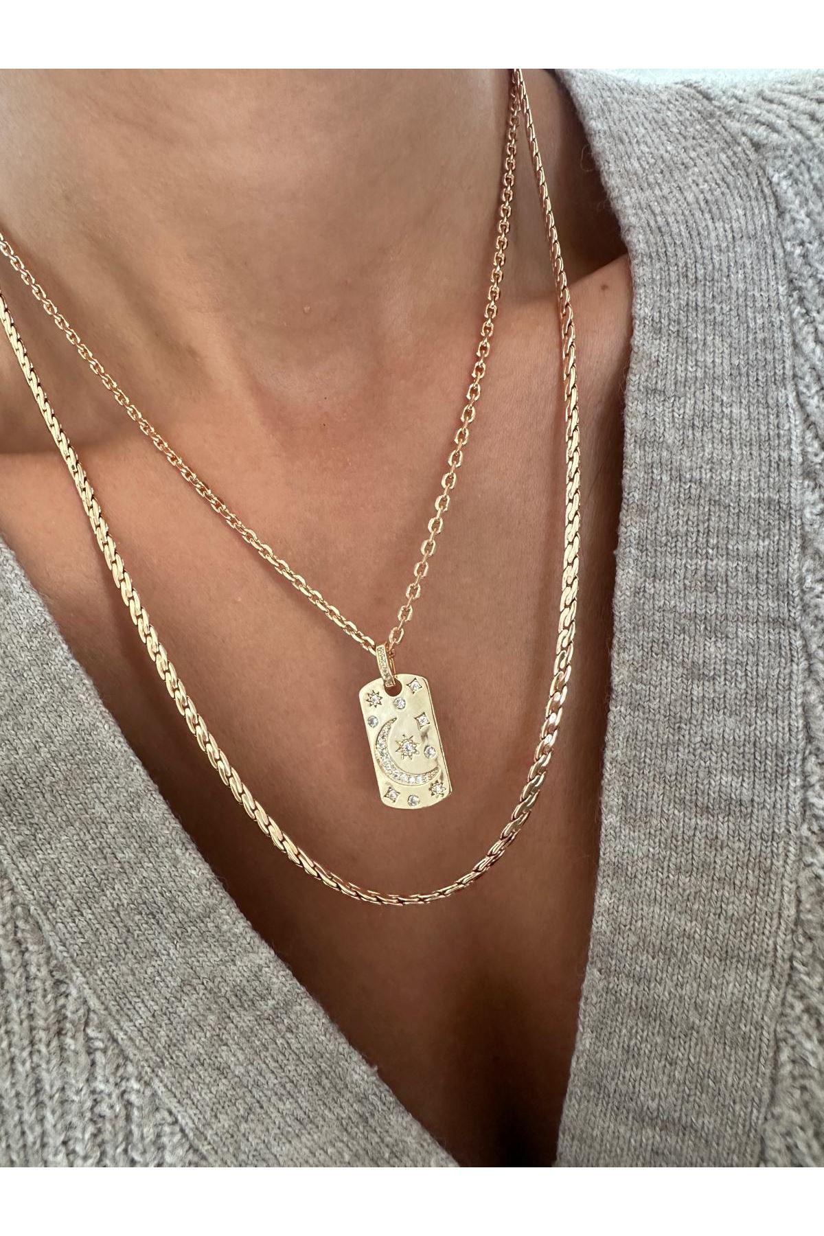 18K Rose Gold Renkli Oval İç İçe Geçmeli Zincir Kolye