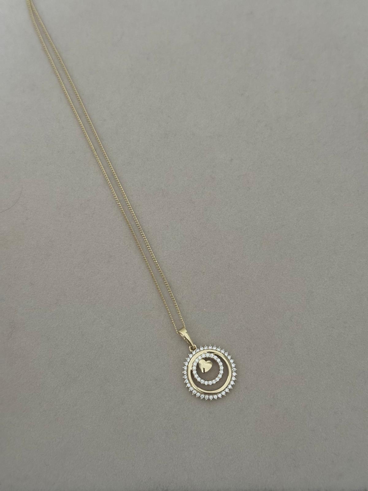 14K Gold Renkli İki Halkalı Taşlı Ortası Kalp Figürlü Kolye