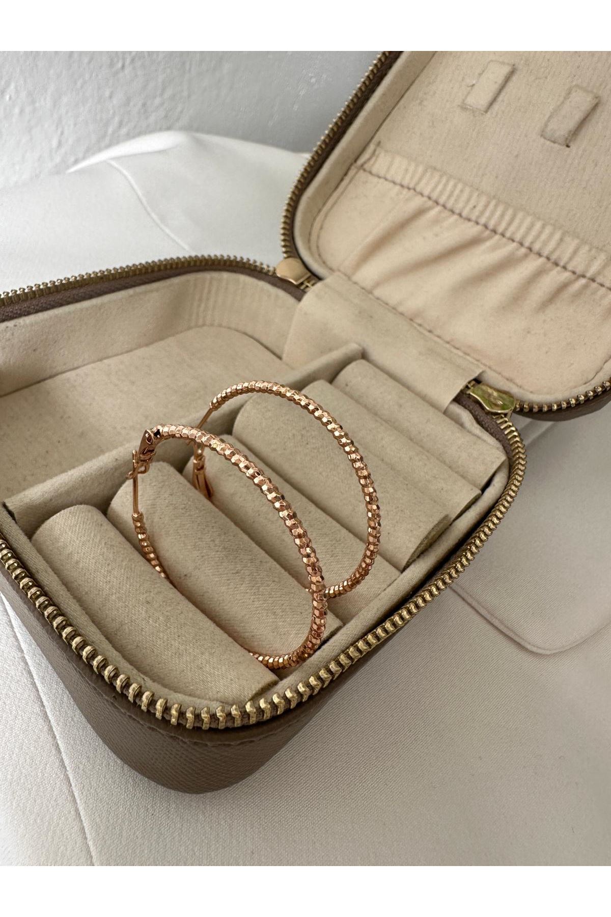 18K Rose Gold Renkli Parlak Topçuklu Büyük Halka Küpe