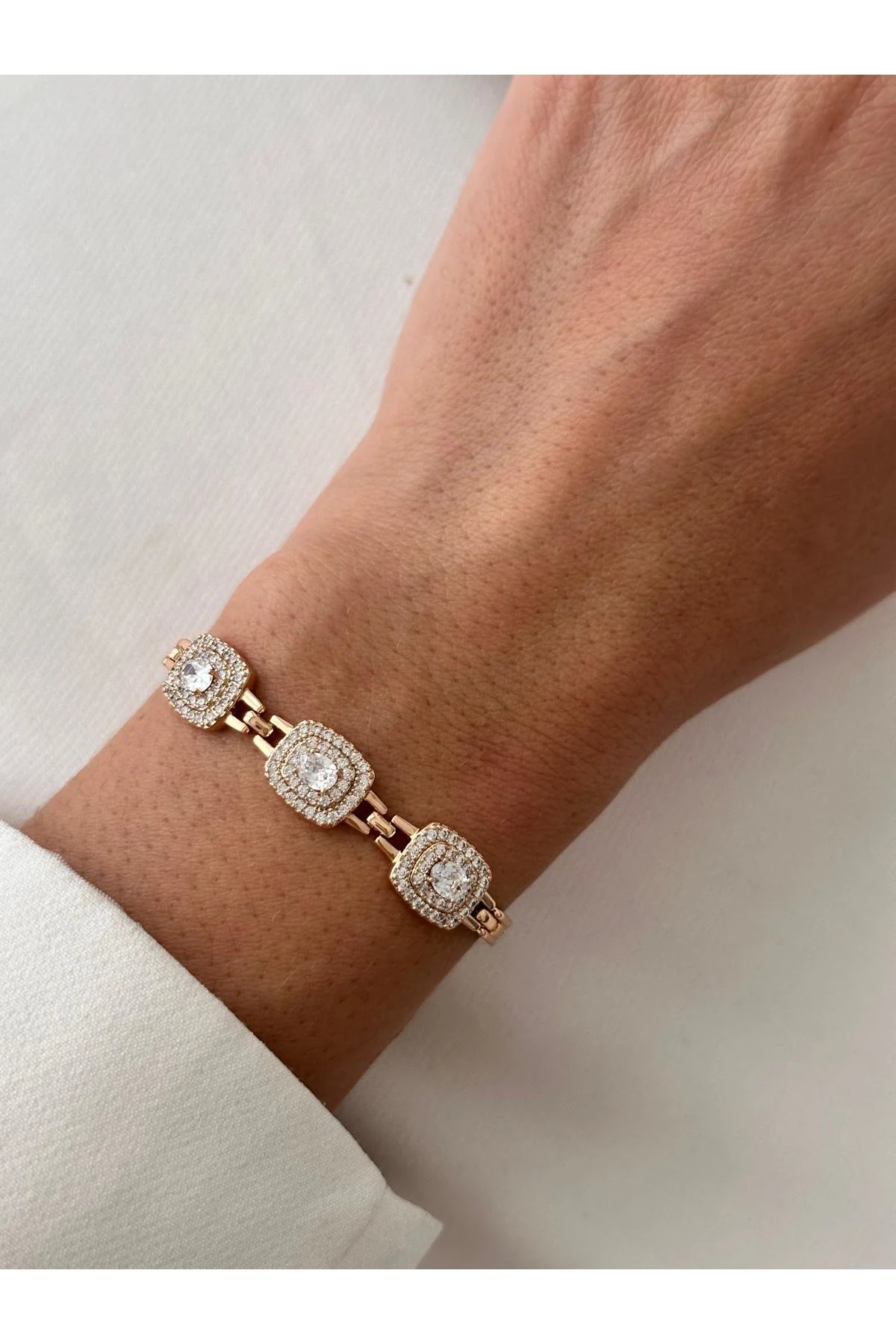 18K Rose Gold Renkli Dikdörtgen Elmas Full Taşlı Bileklik