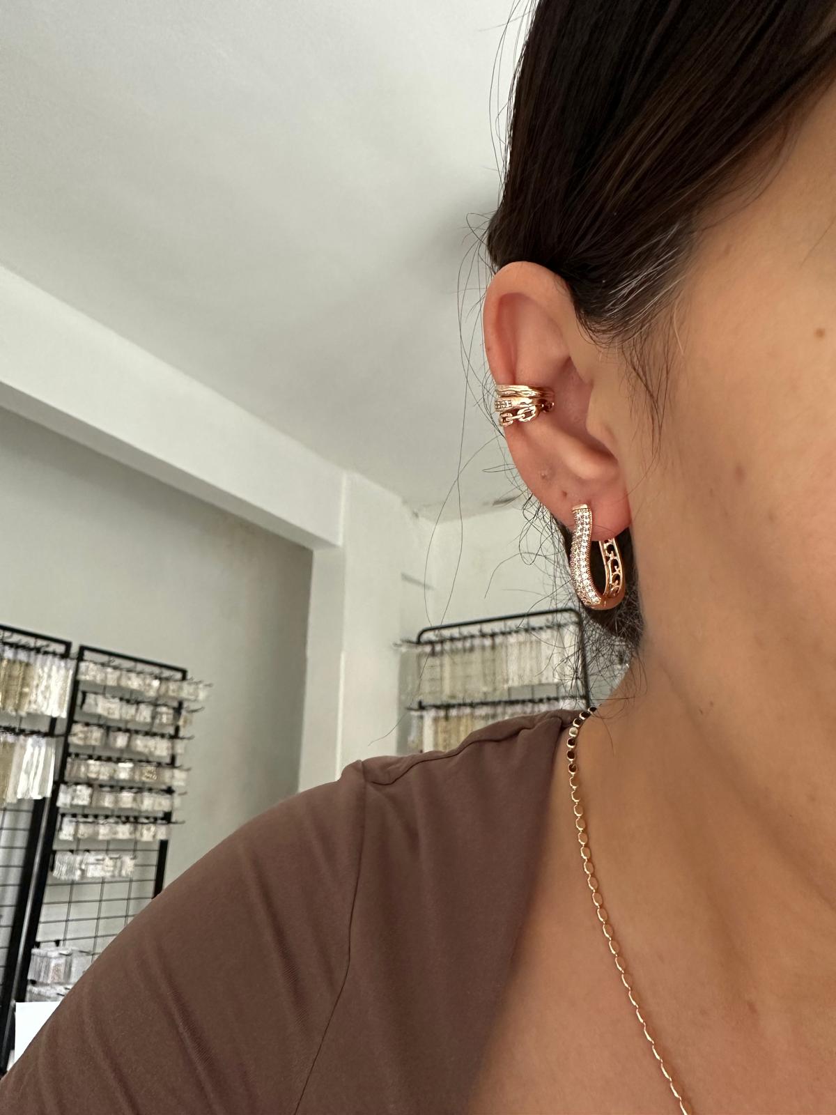 18K Rose Gold Tam Lale Önü Sık Montür Taşlı Küpe