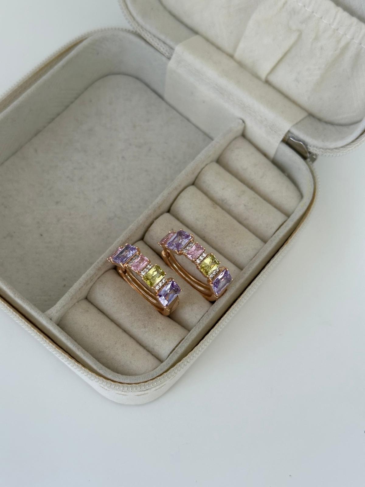 18K Rose Gold Kristal Dikdörtgen Kesim Taşlı Renkli Halka Küpe