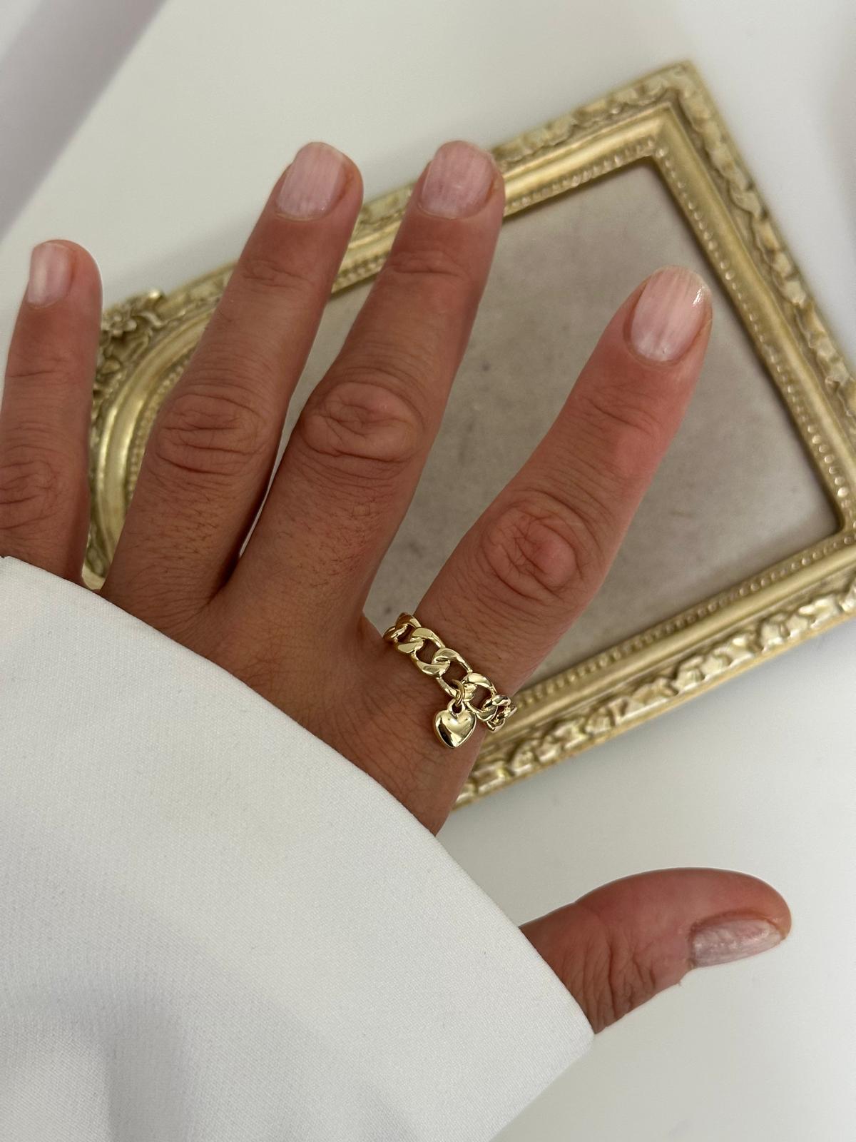 14K Gold Renkli Örme Zincir Kalp Detaylı Ayarlanabilir Yüzük