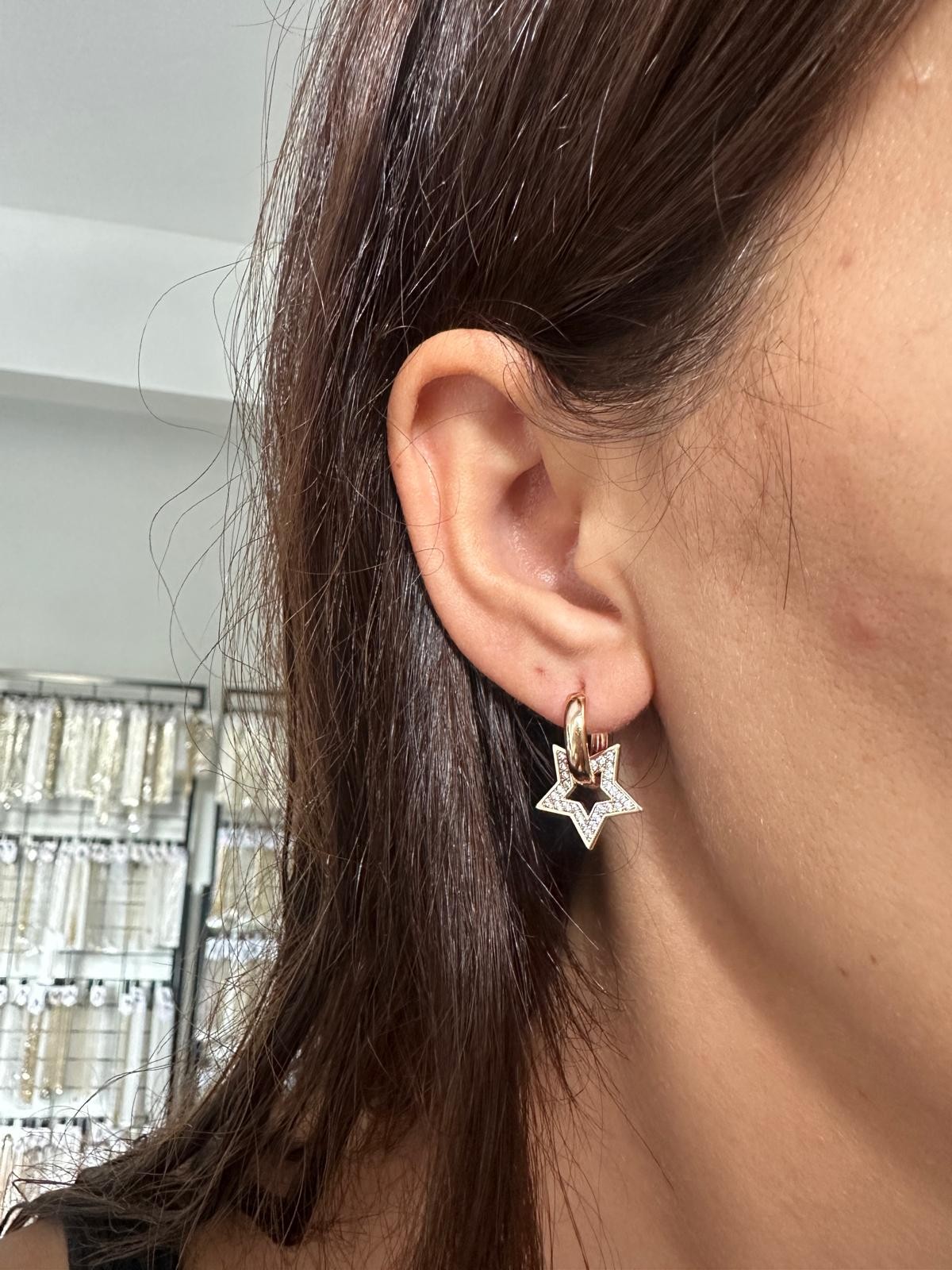 18K Gold Rose Basıc Halka Yıldız Sarkıt Küpe