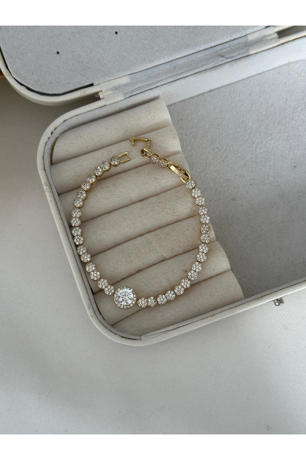 14K Gold Renkli  Premium Seri Yuvarlak Kristal Taşlı İki Geçmeli Full Taşlı Bileklik