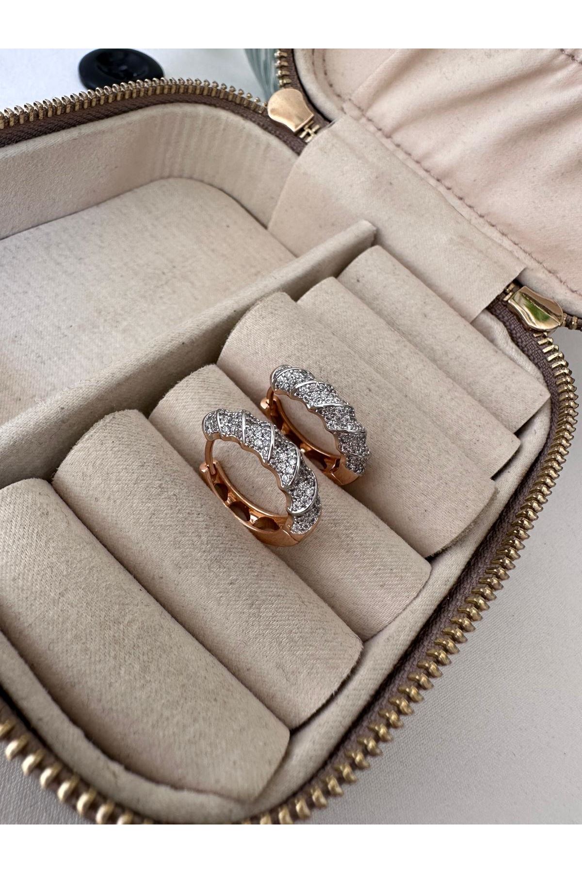 18K Rose Gold Renkli Halka Beyaz Gömme Burgu Taşlı Küpe