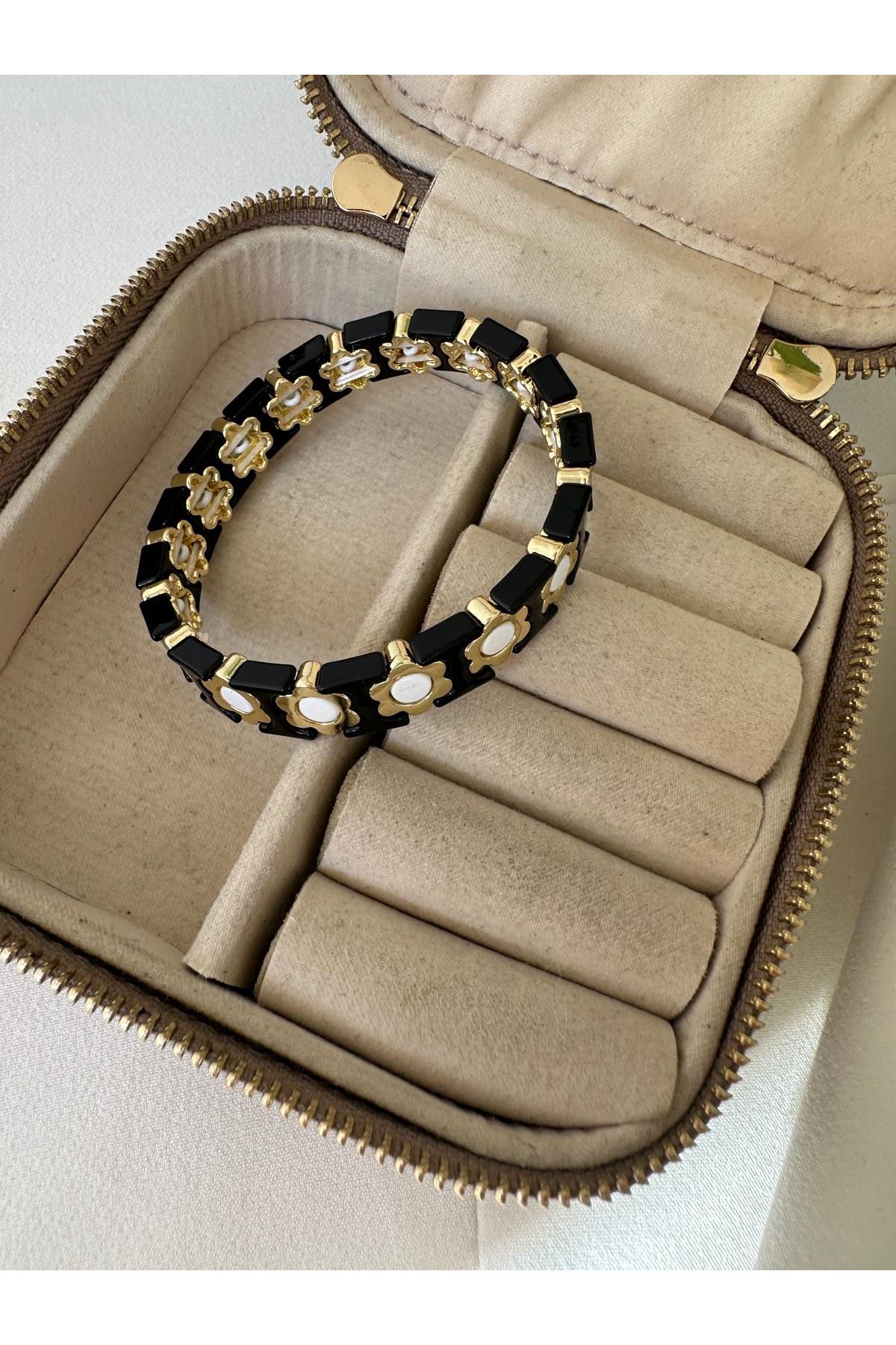 18K Rose Gold Renkli Porselen Kaplama Siyah Beyaz Çiçek Bileklik