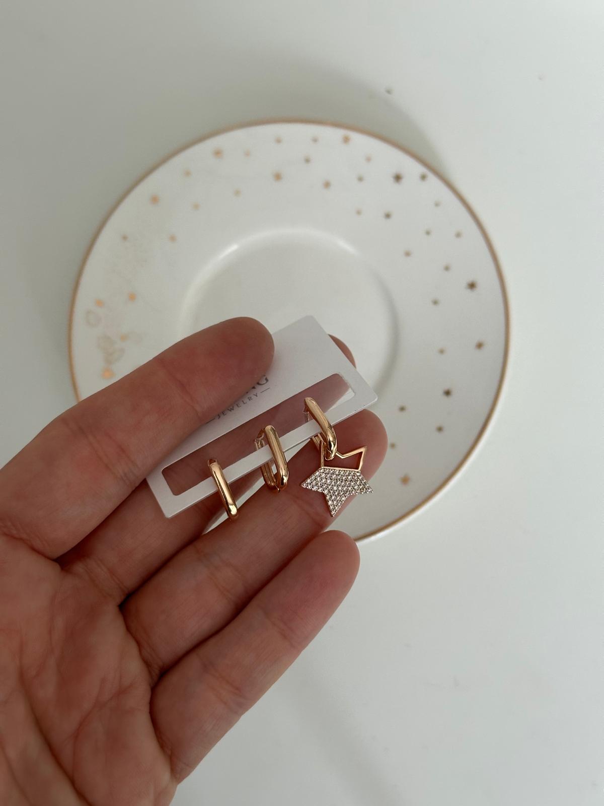 18K Rose Gold  Üçlü Lale Form Yıldız Figürlü Set Küpe