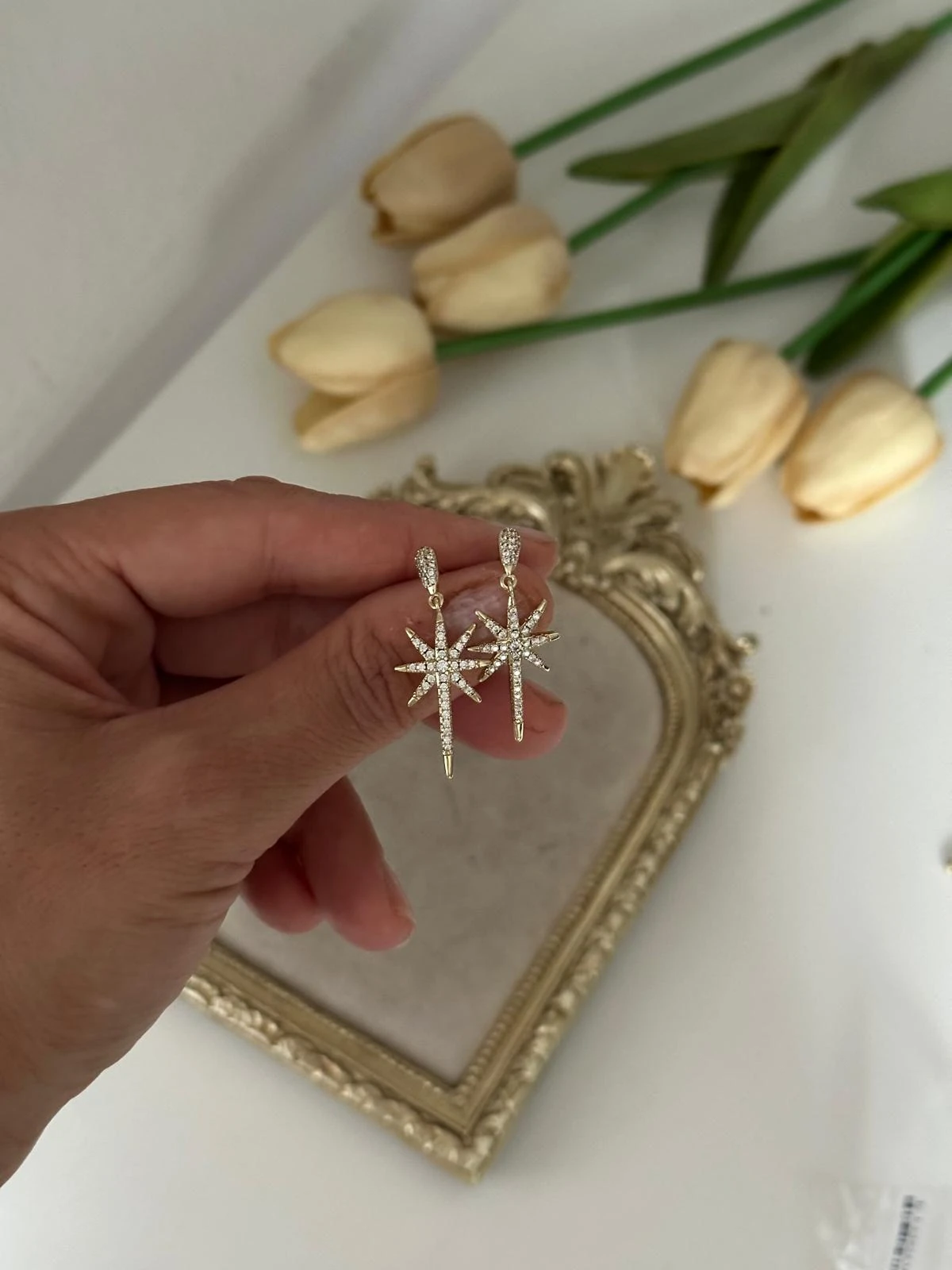 14K Gold Renkli Damla Sarkık Kutup Yıldızı Taşlı Küpe