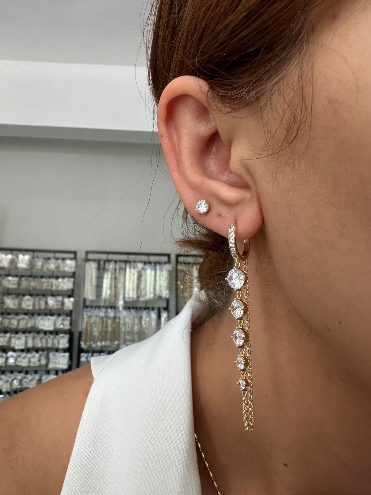 14K Gold Halka Sarkıt Zinzir İkili Yuvarlak Taşlı Küpe