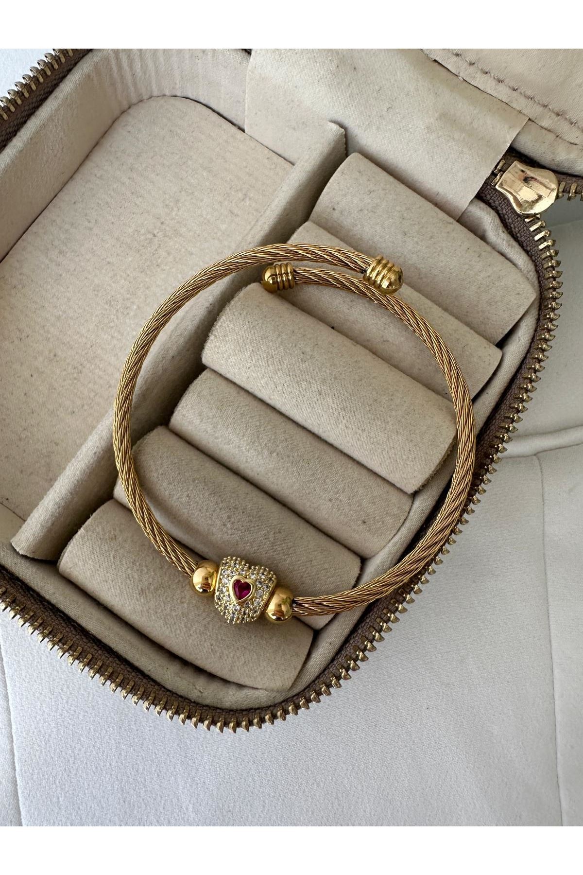18K Rose Gold Renkli Dolama Kırmızı Kalp Charmlı Pandora Bileklik