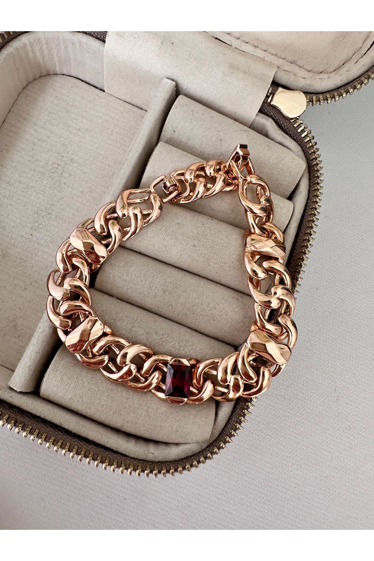 18K Rose Gold Renkli Kalın Örme Ortası Kırmızı Taşlı Bileklik