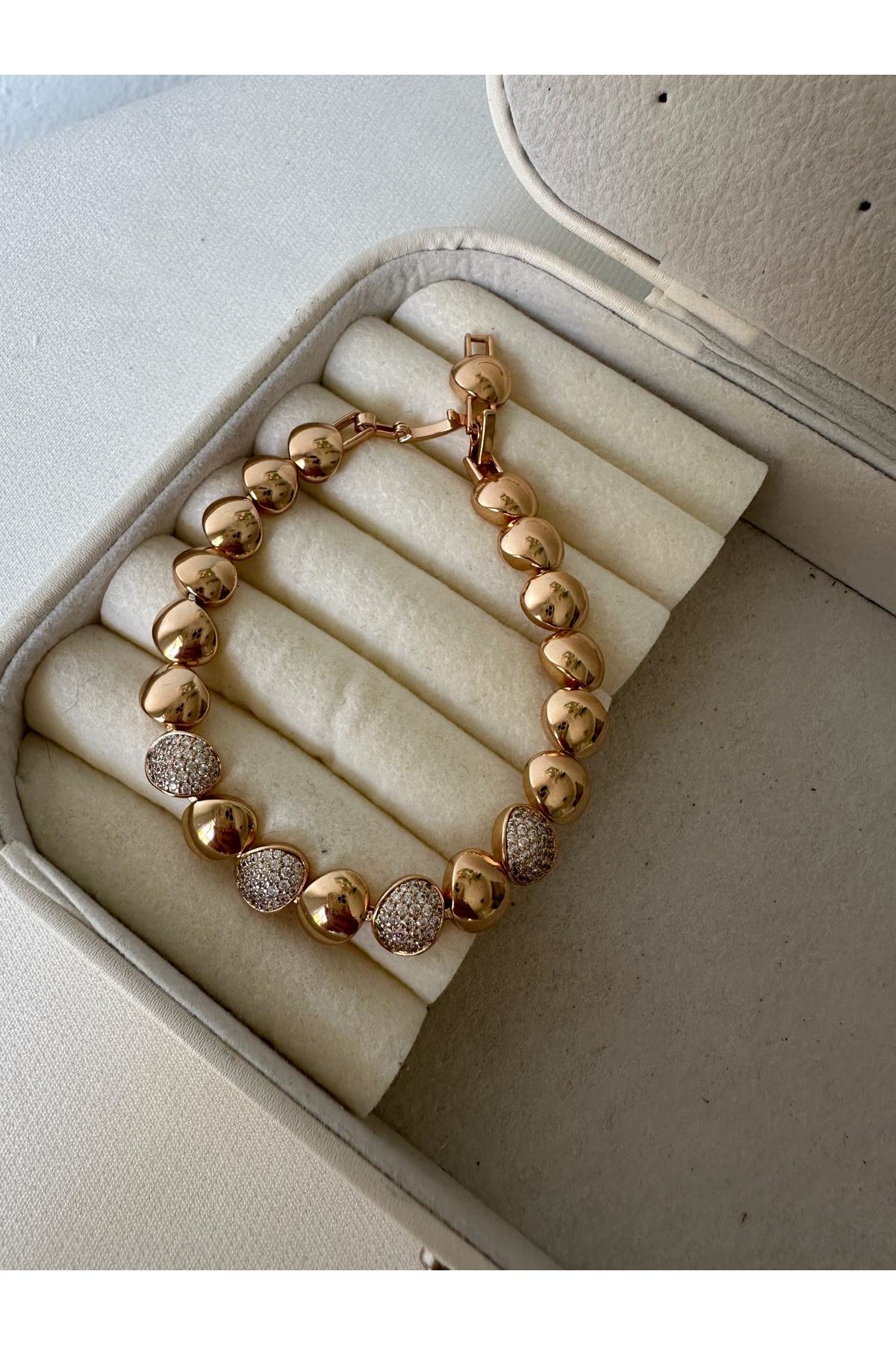 18K Rose Gold Renkli Bomb Oval Top Kesim Mix Beyaz Taşlı Bileklik