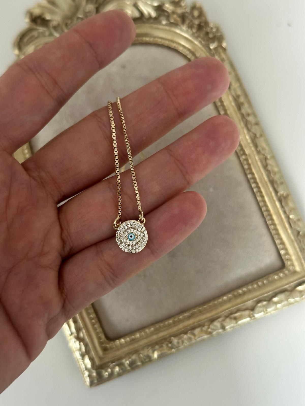 14K Gold Renkli Ortası Taş Mavi Göz Nazarlı Küp Zincir Kolye