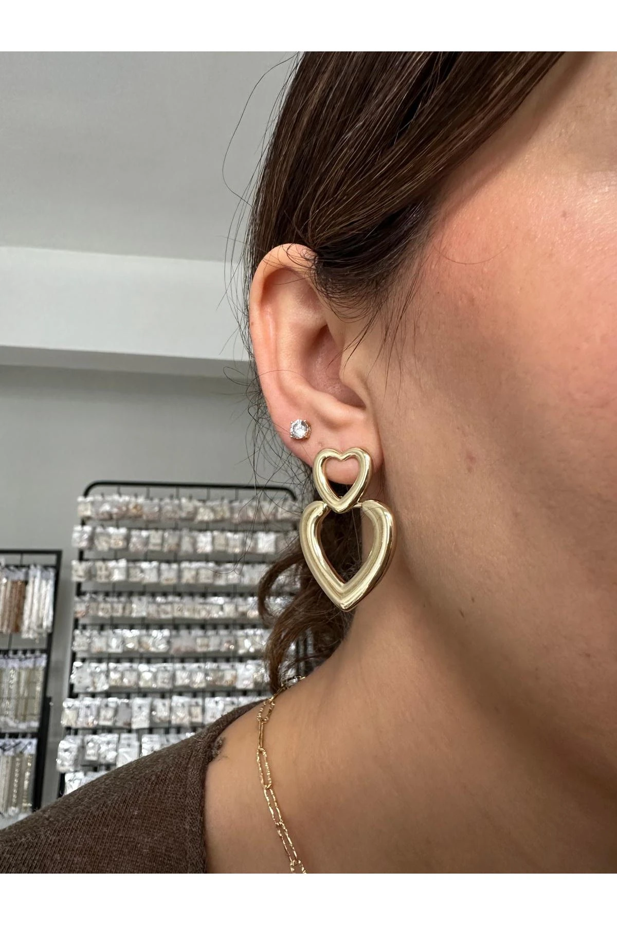 14K Gold Renkli  Plaka İkili Kalp Küpe