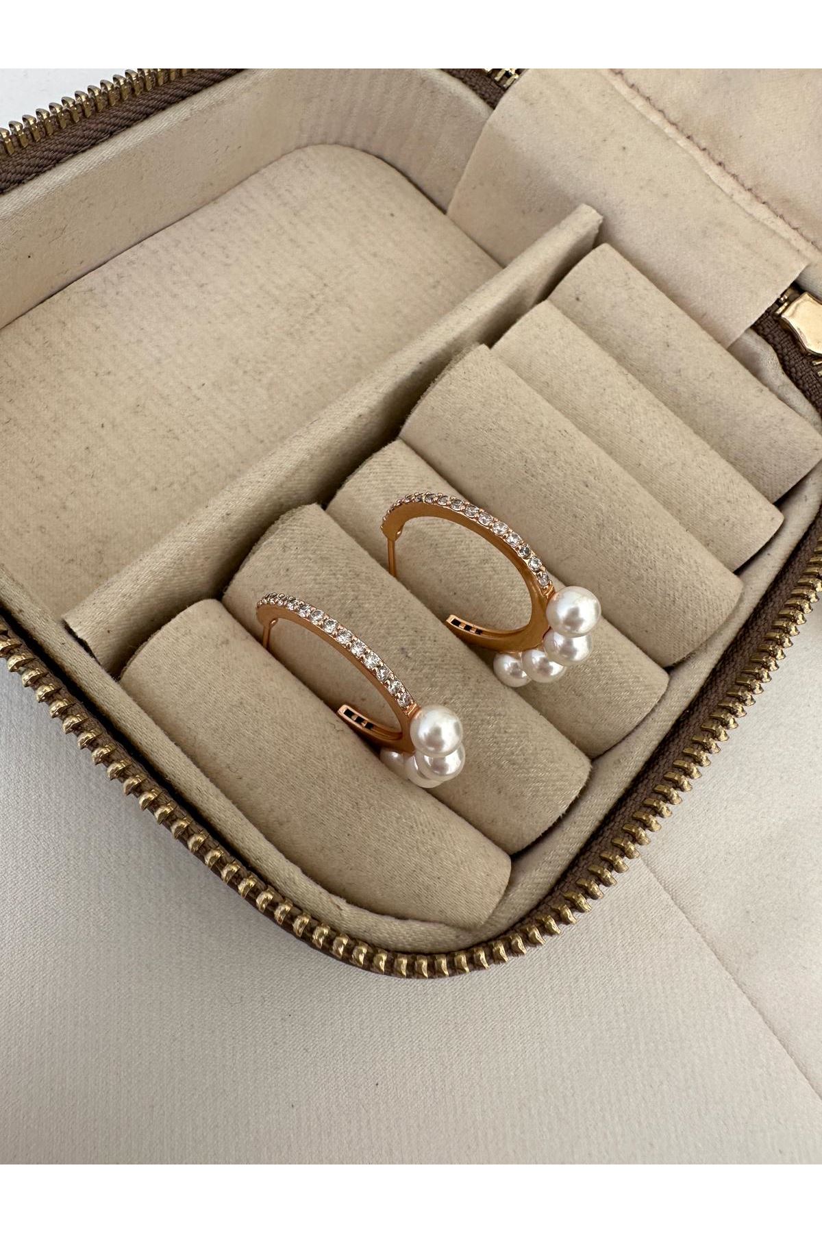 18K Rose Gold Renkli Top İnci Halka Sıra Taşlı Küpe