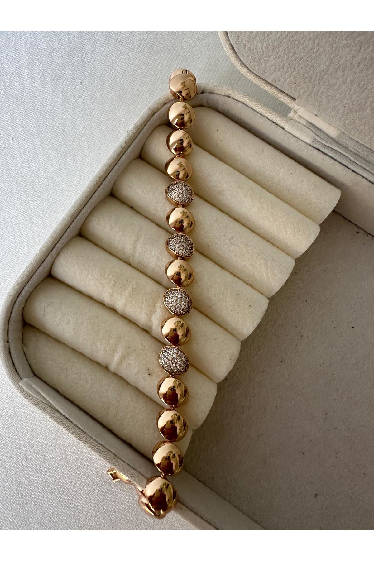 18K Rose Gold Renkli Bomb Oval Top Kesim Mix Beyaz Taşlı Bileklik