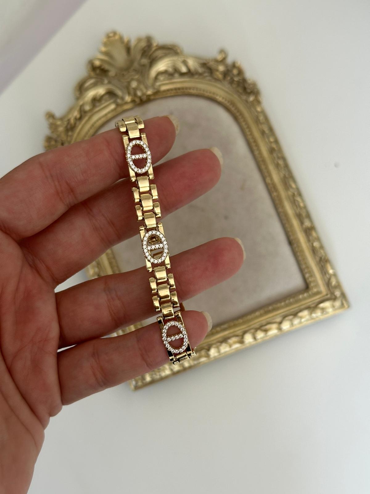 14K Gold Renkli Kordon Ortası Oval Taşlarla Kaplı Bileklik