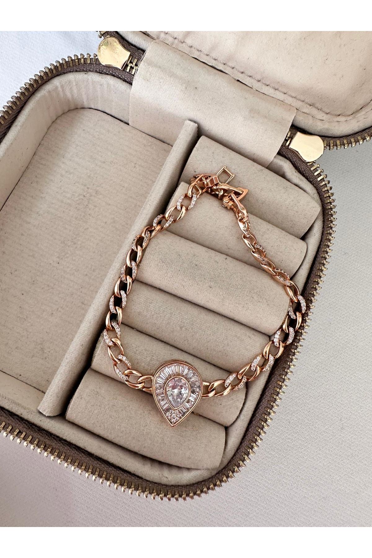18K Rose Gold Renkli Elmas Form Zincir Taşlı Bileklik