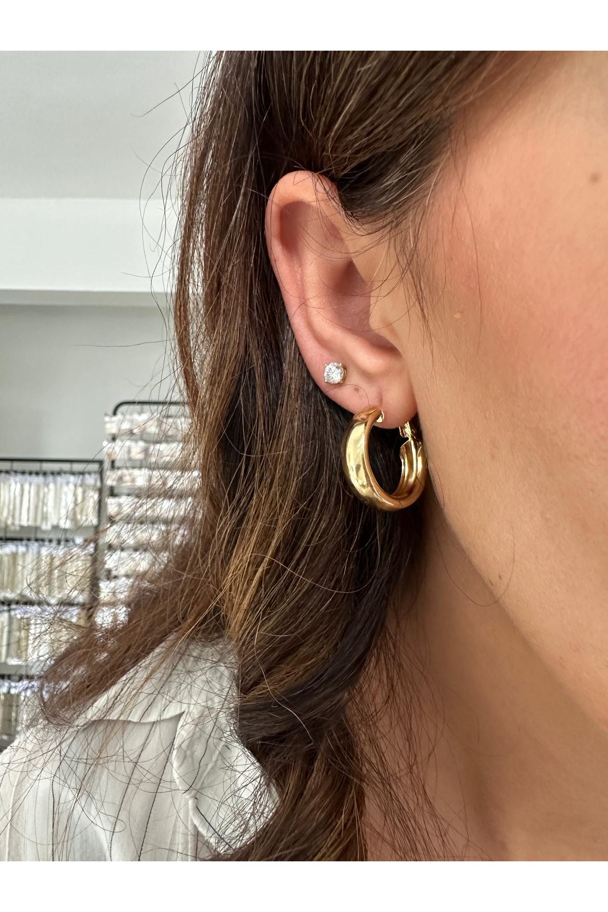 14K Gold Renkli Kalın Halka Küpe