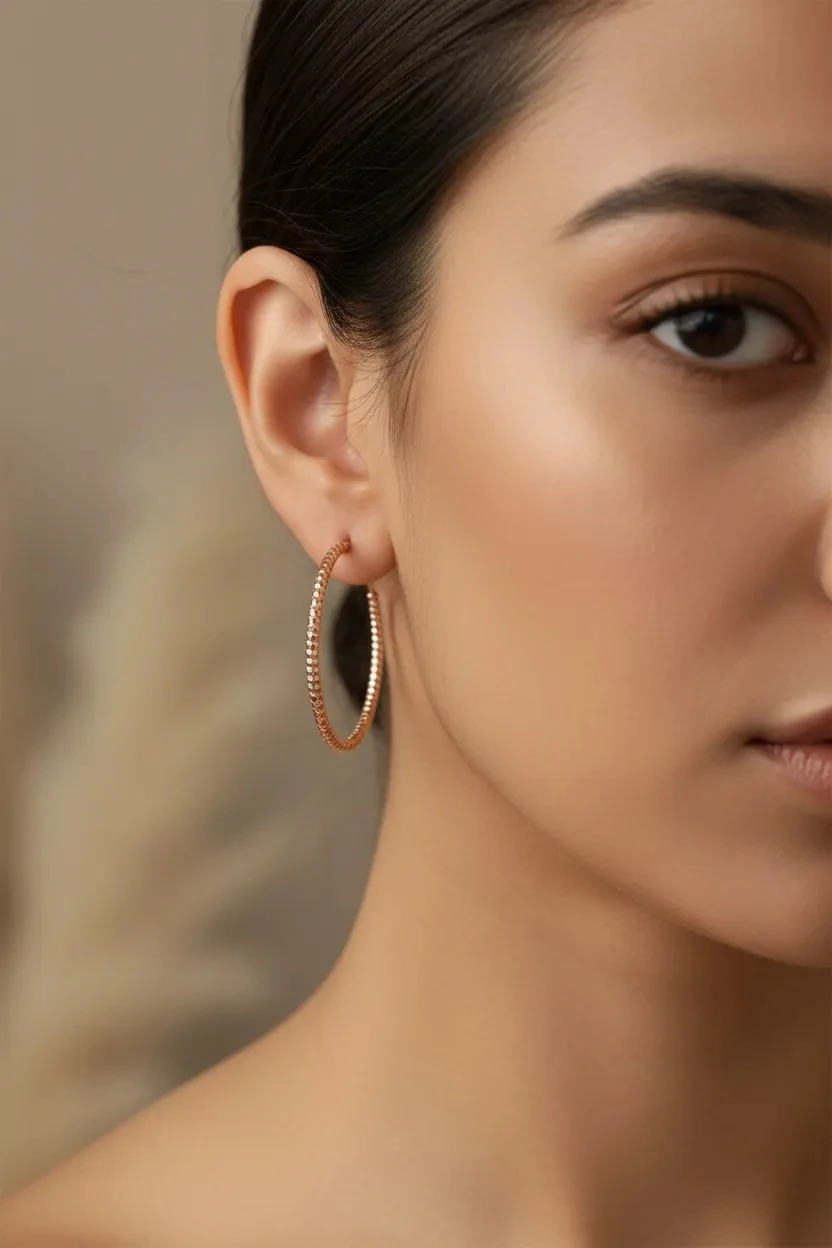 18K Rose Gold Renkli Parlak Topçuklu Büyük Halka Küpe