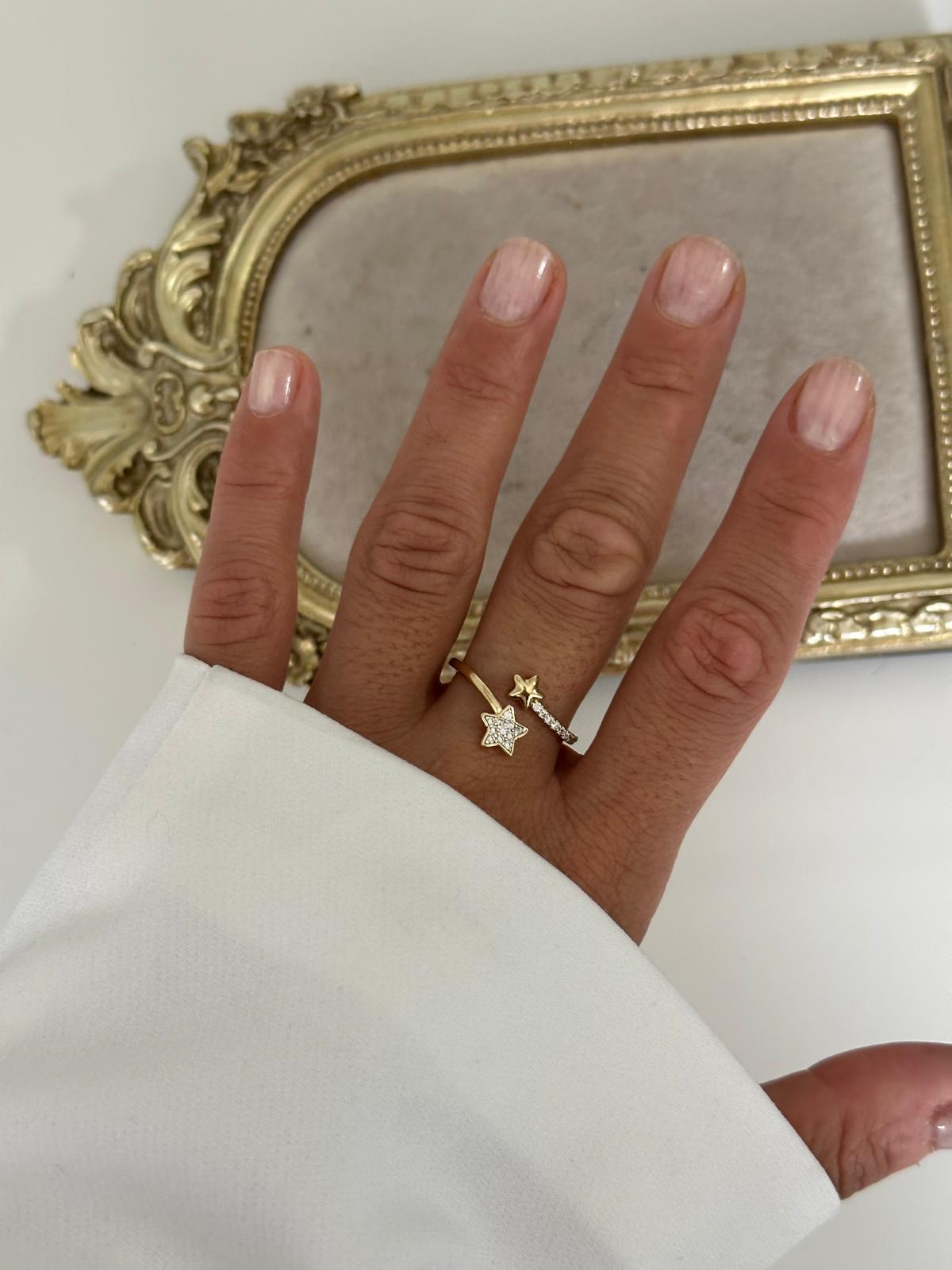 14K Gold Renkli İkili Yıldız Montür Taşlı Önden Ayarlanabilşr Yüzük