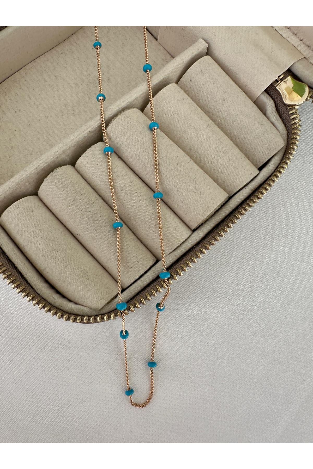 18K Rose Gold Renkli Mavi Boncuklu Zincir Kolye