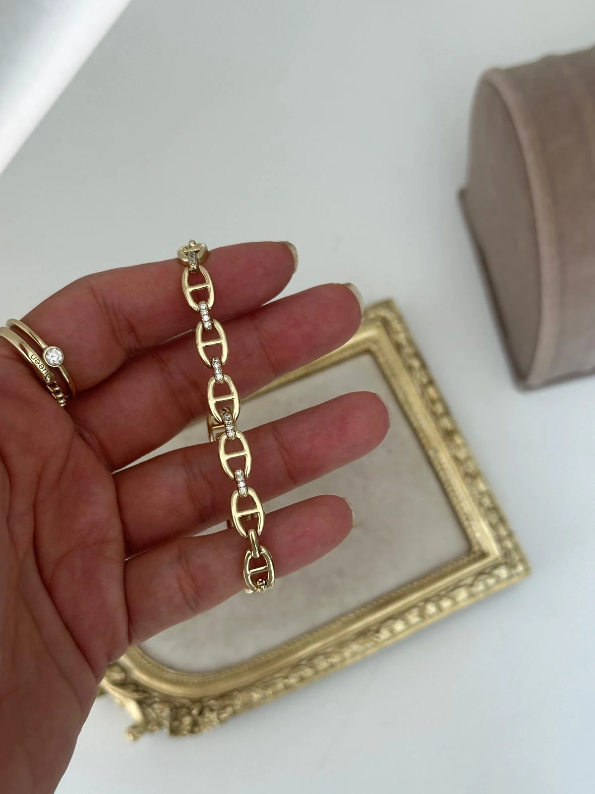 14K Gold Renkli Oval Marka Araları Taş Birleşim Bileklik