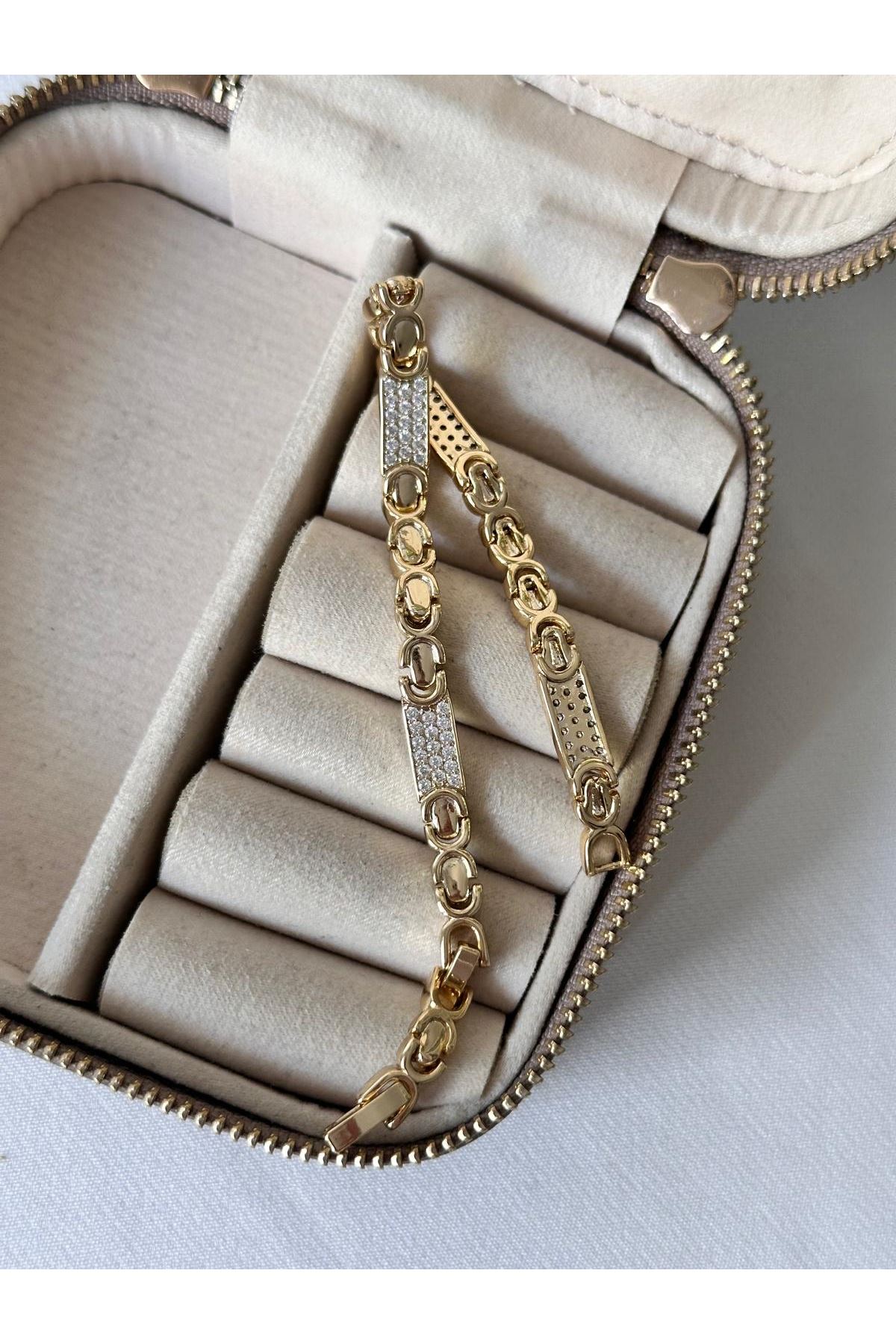 14K Gold Renkli  Plaka Taşlı Bileklik