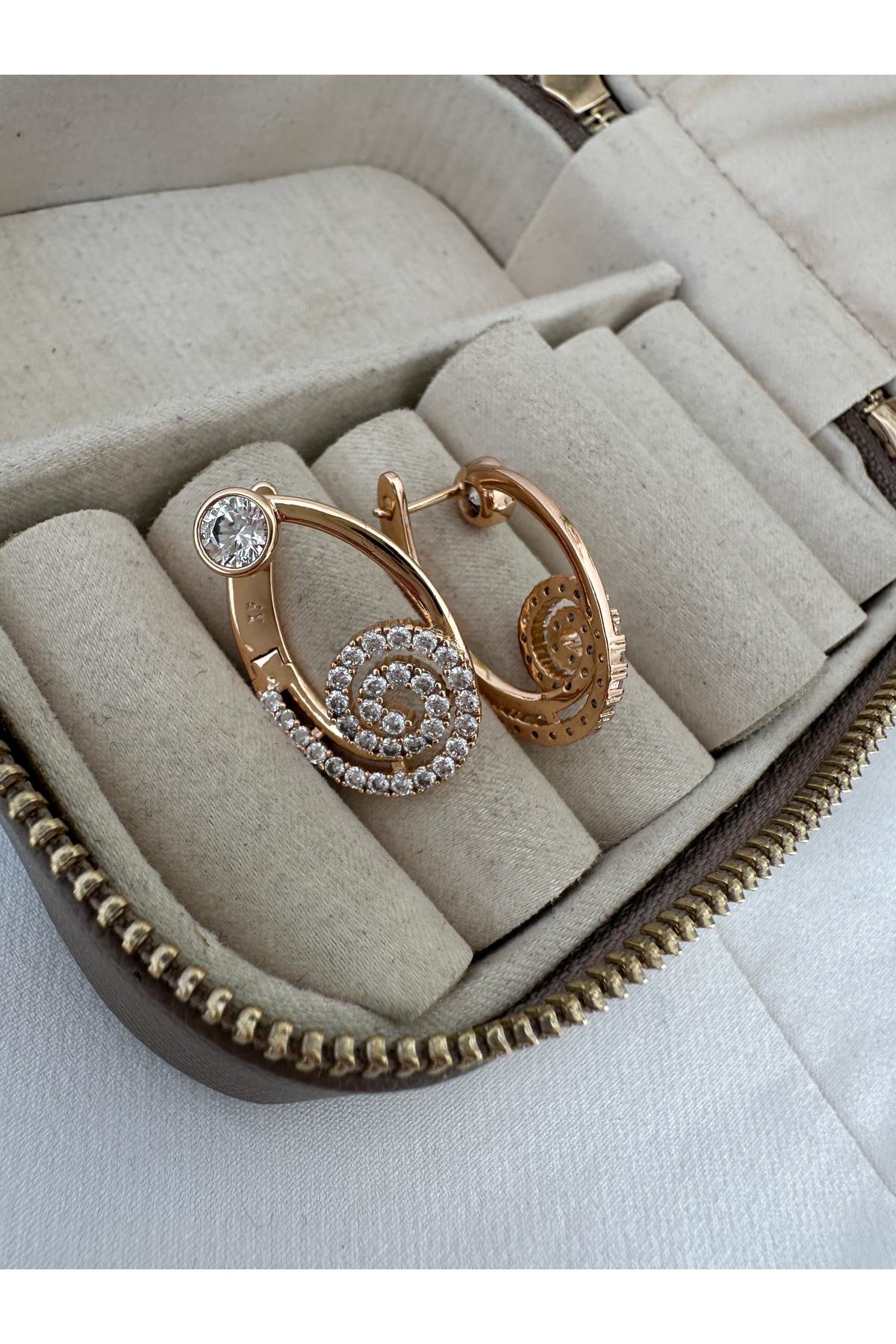 18K Rose Gold Renkli Döner Sıra Sıra Taşlı Küpe