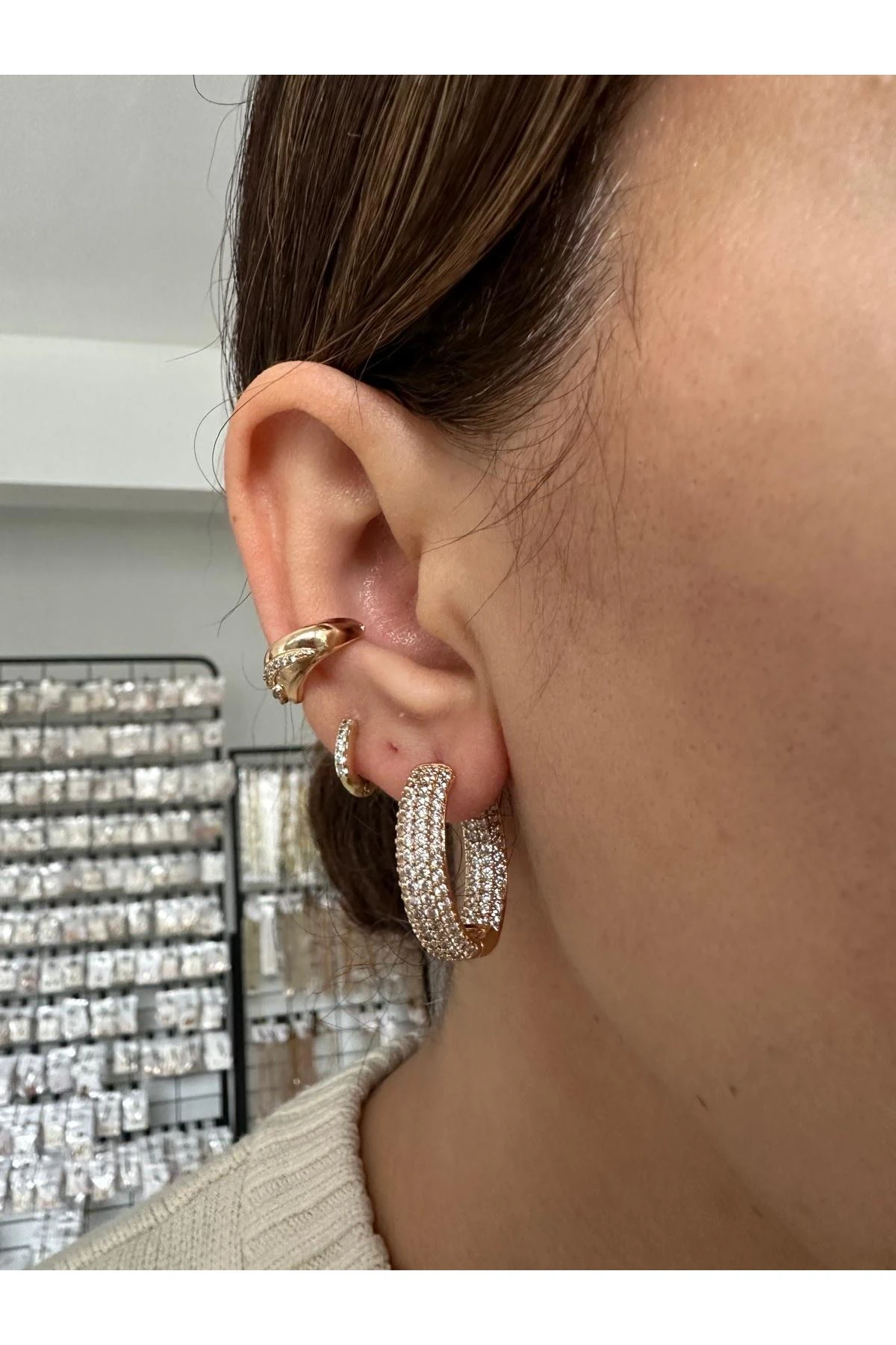 18K Rose Gold Renkli Halka İçi Dışı Full Montür Taşlı Dolum Küpe